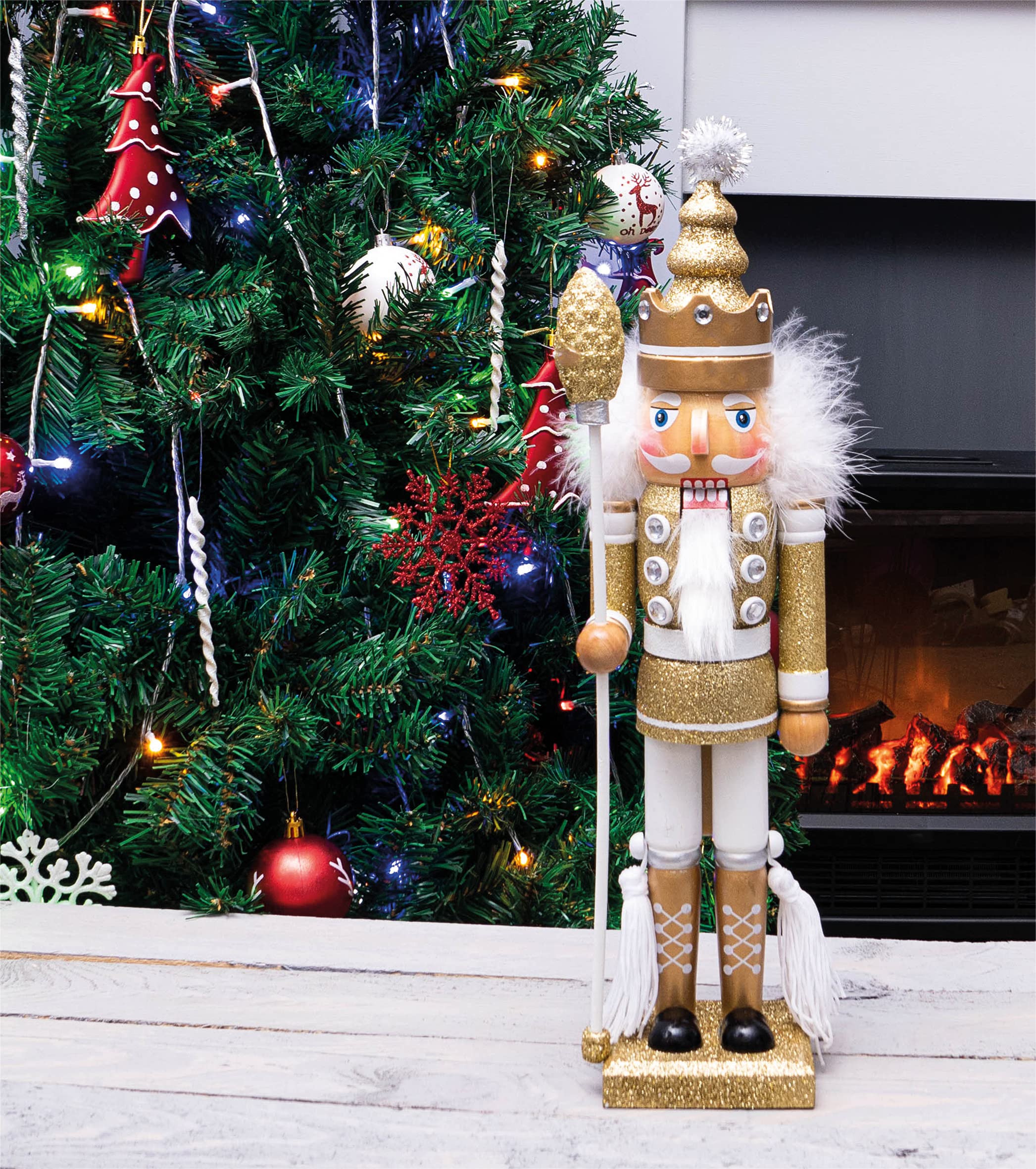 St Helens Home & Garden White Nutcracker With Staff Christmas Decoration 40Cm Height - Wonderfully Festive With Vibrant Colour Detail