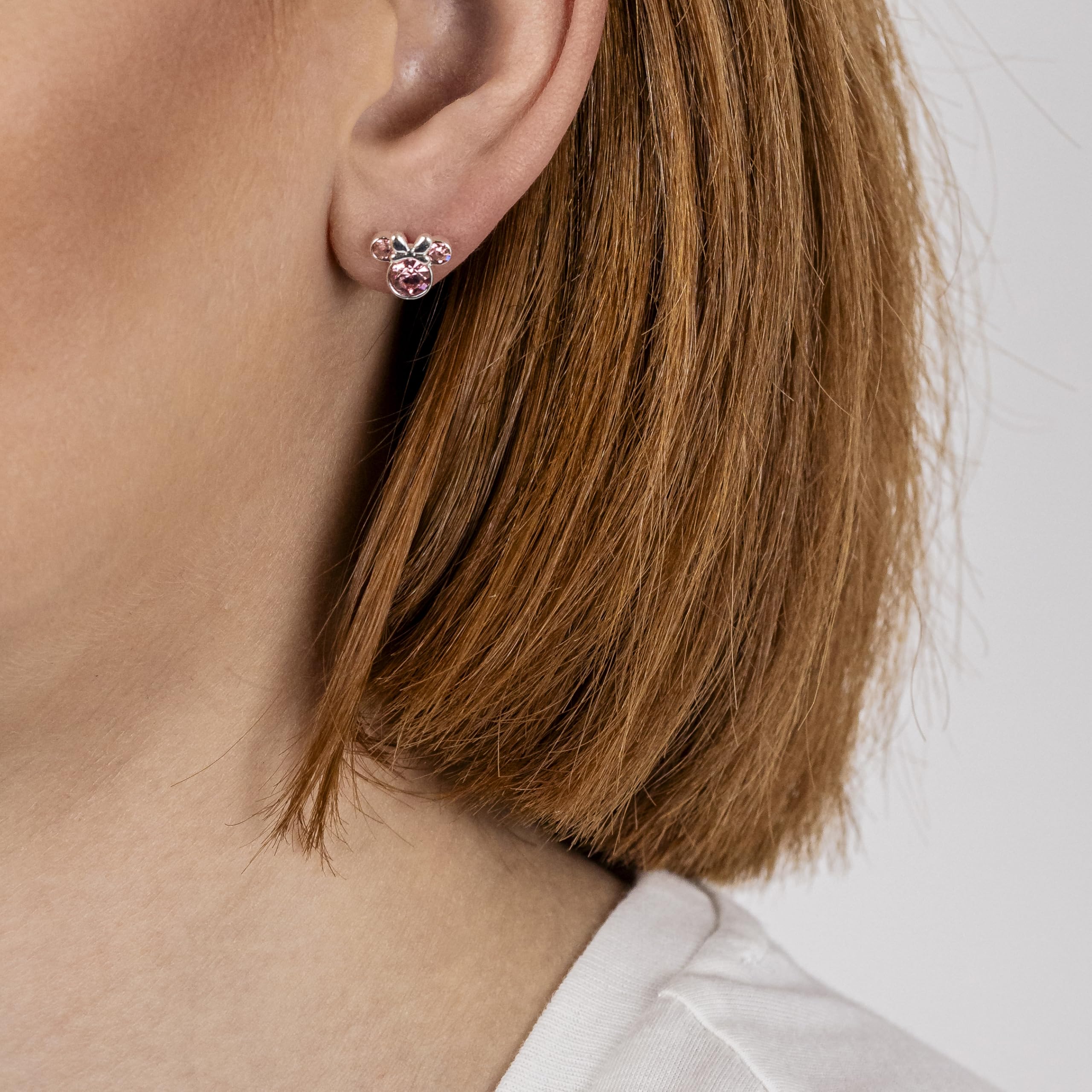 Pendientes de tuerca chapados en plata con cristal rosa de Minnie Mouse para niñas y mujeres, talla única, Chapado en plata, Sin piedra preciosa