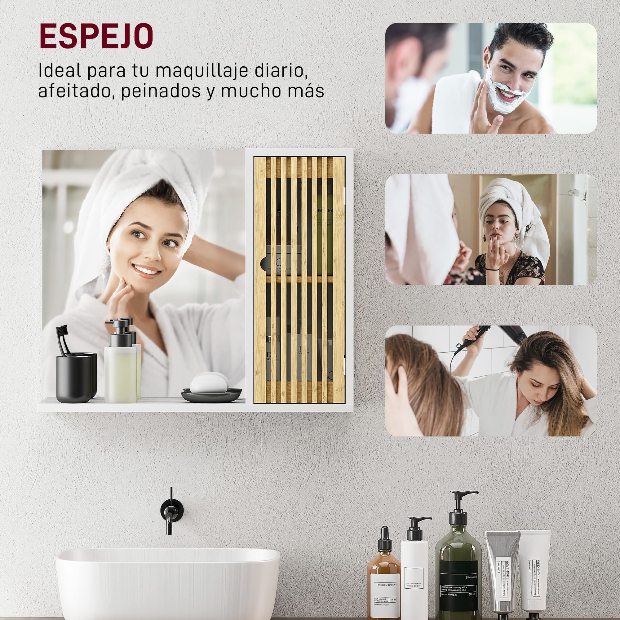 HOMCOM Espejo de Baño 60x50 cm, Espejo de Pared con Puerta de Listones de Bambú, Estantes de Almacenaje, Blanco y Natural