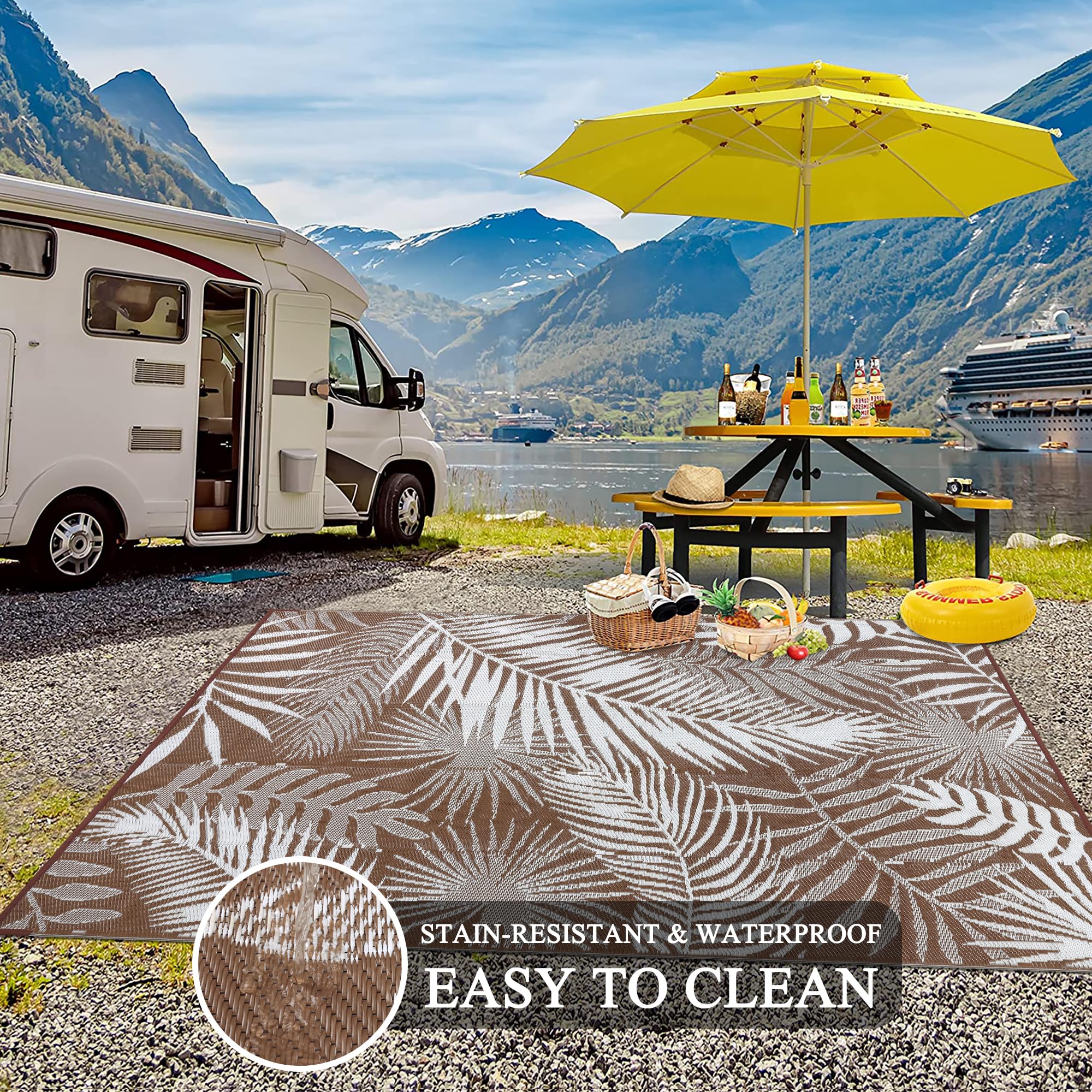 Enyhom Grand tapis d'extérieur imperméable pour jardin - 240 x 300 cm - Tapis d'extérieur réversible en paille en plastique, portable, pliable - Tapis tissé pour camping-car, terrasse, jardin
