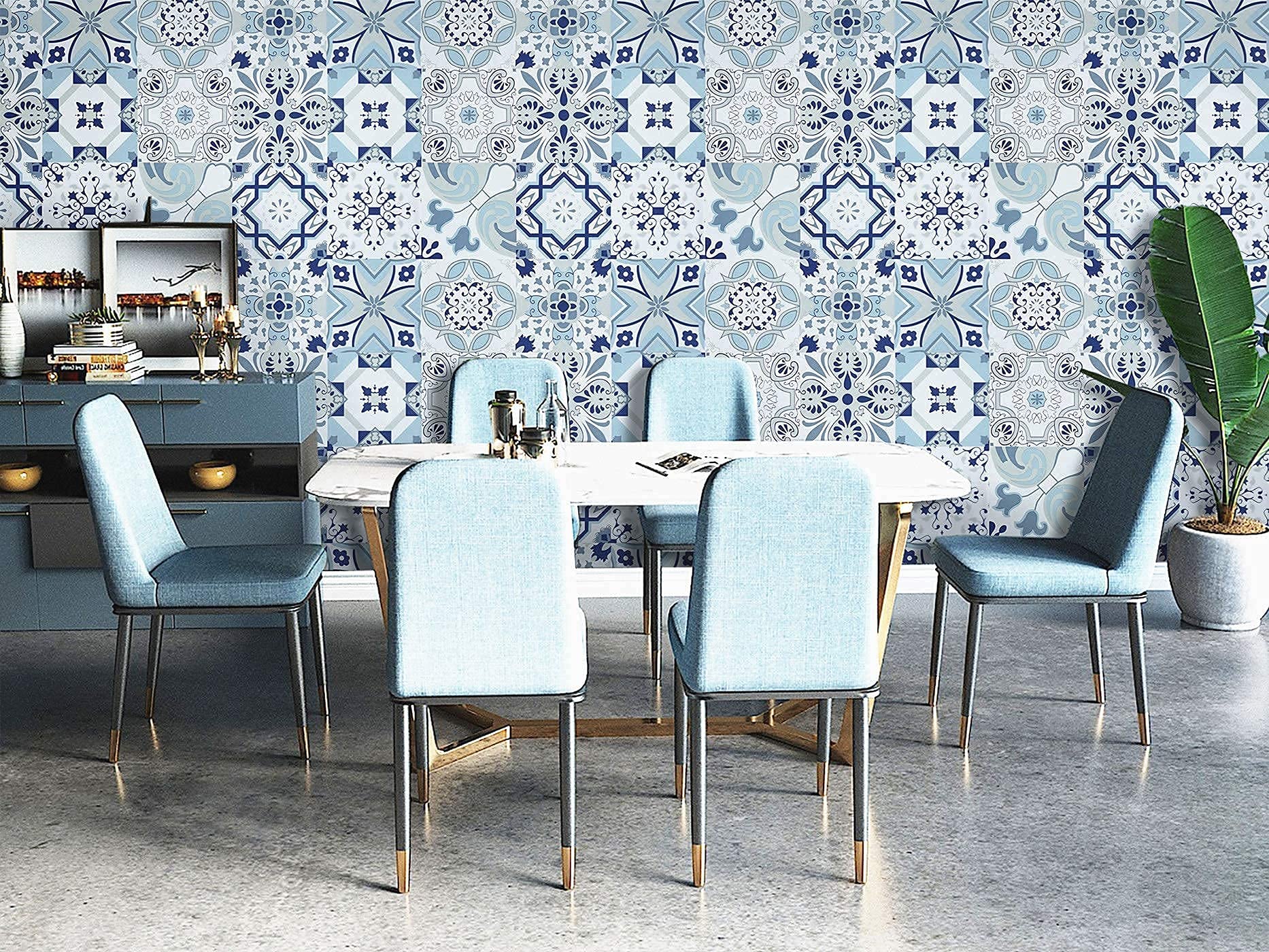 Dimoon 16.4Ftx17.7in Blue Contact Paper Blue and White Peel and Stick Contact Paper Kitchen Blue Wallpaper Removable Bathroom Waterproof Film Wallpaper Flower Tile Self Adhesive Countertop Vinyl