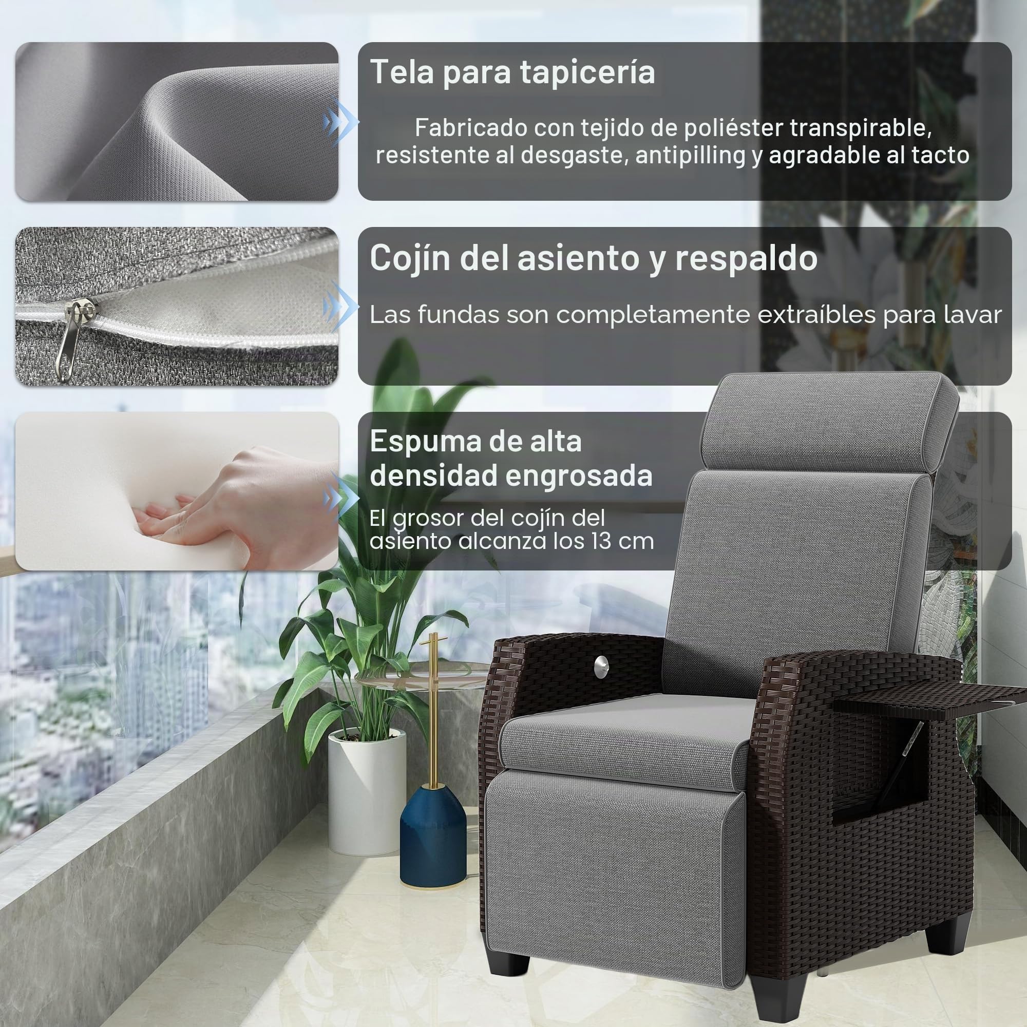 Fiutazge Tumbona de Ratán Respaldo Regulable con Cojín,Funda Protectora,Tumbona de Jardín,Fácil Limpieza Fundas Intercambiables,Silla de jardín,para Patio Terraza-Gris