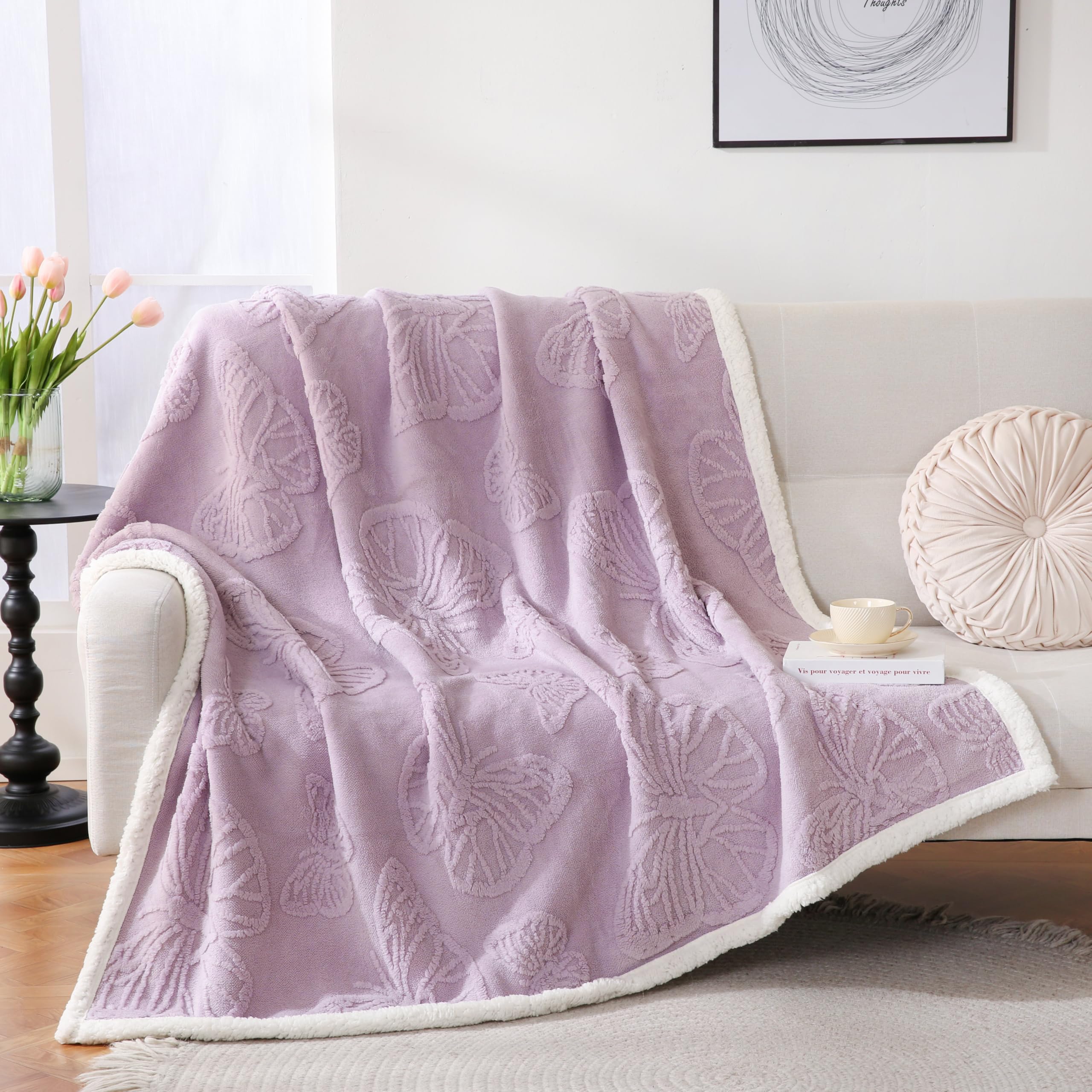 Gracelife Blanket for Women, Sherpa Throw Blanket for Couch, Flannel Butterfly Cozy Soft Blanket for Bed - Fleece, Purple, 200 * 230cm