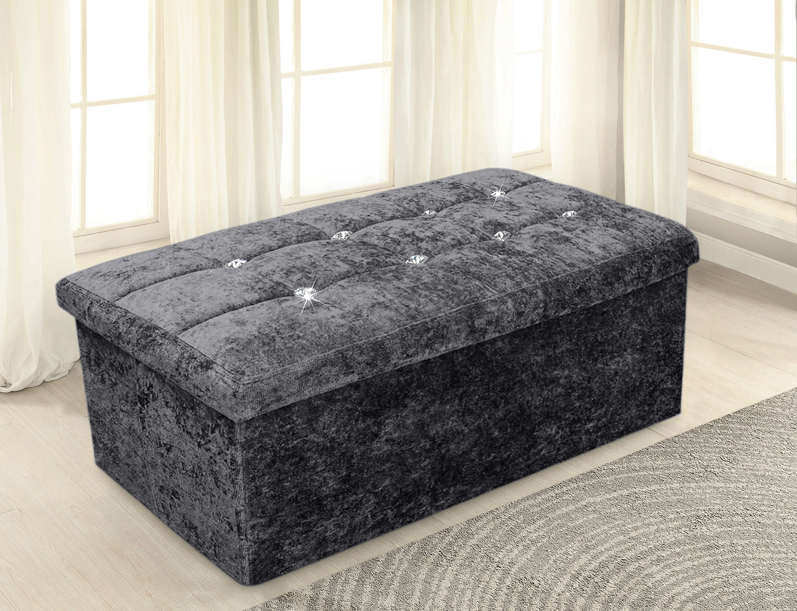Home Republic Storage Ottoman, Padded Foldable Bench, Chest with Lid, Perfect for Bedroom, Hallway, Living Room (Crushed Velvet Charocal, 76x38cms) โ image 1