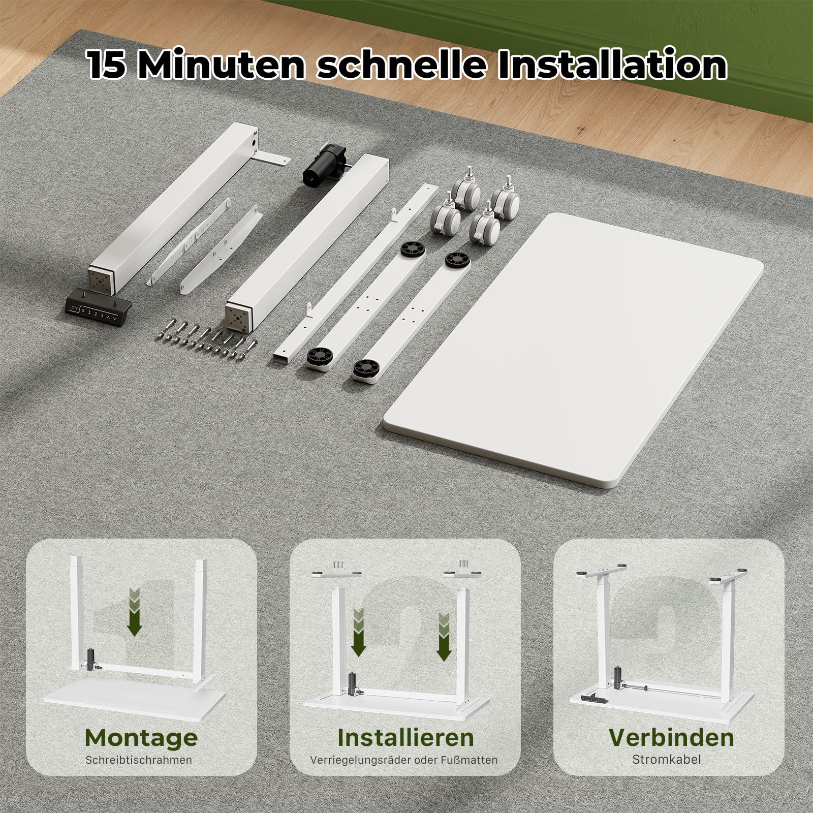 Gibbon Mounts 88x50cm Kleiner höhenverstellbarer Schreibtisch mit Rollen | Mobiler elektrischer Computertisch mit weißer einteiliger Tischplatte & 4 feststellbaren Räder, für kleine Wohnbereiche