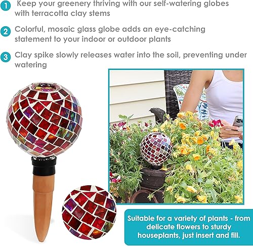 Miniatura 10 de Sunnydaze Bombilla de riego de plantas de vidrio de mosaico con pico de riego de arcilla, globo decorativo de riego automático para plantas, gotero