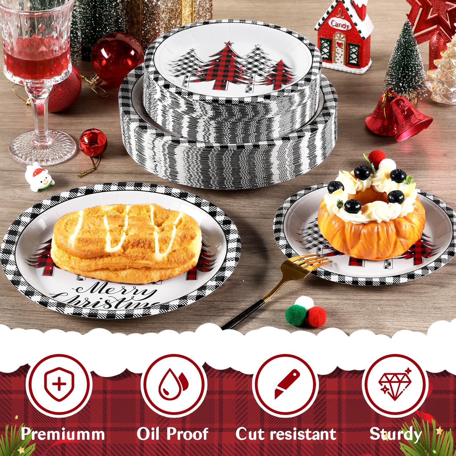 Homlouue Juego de 200 platos y servilletas de papel de Feliz Navidad, platos y servilletas desechables de árbol de Navidad, juego de vajilla desechable de Navidad, decoración de fiesta de Navidad,