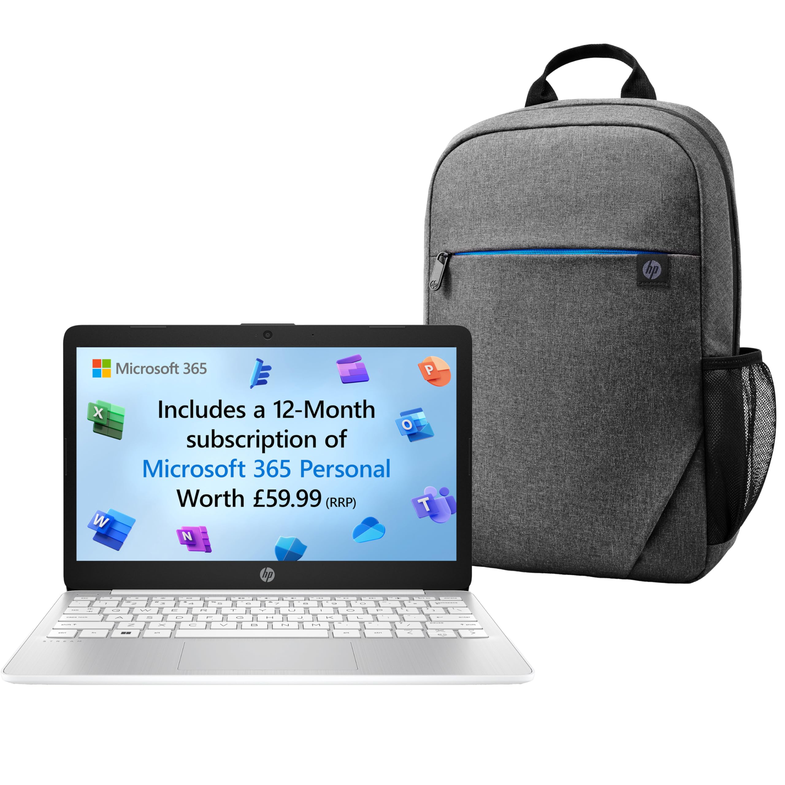 HP Stream 11" Laptop Prelude 15.6” Laptop Backpack, Intel Celeron N4120, 4 GB RAM, 64 GB eMMC, Up to 14hrs battery, MS 365 Personal 12m, Water Resistant Backpack, Padded Construction, Up to 15.6”