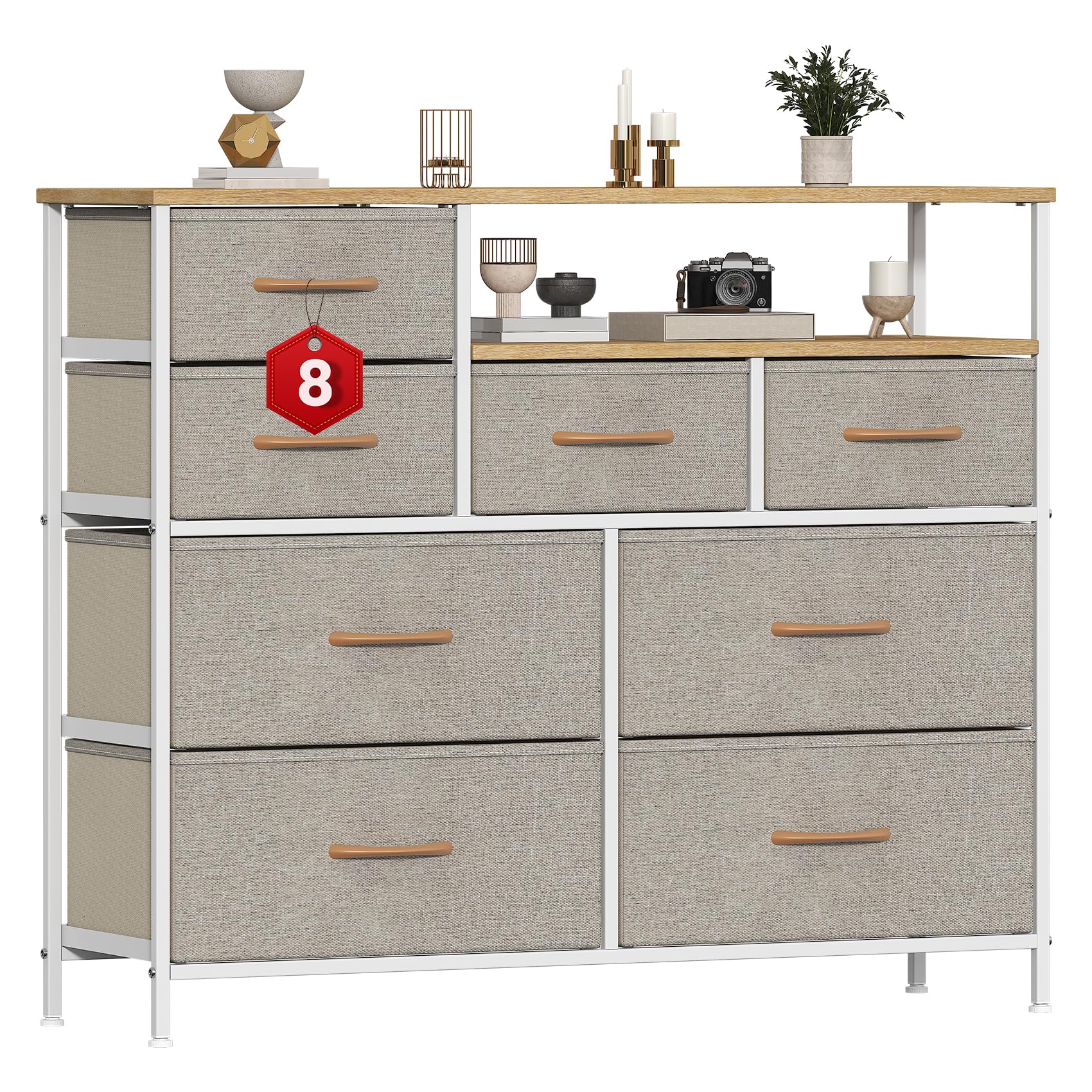 GoaHi 8 Drawer Fabric Chest of Drawers, Wide Metal Frame Storage Unit, Open Compartment MDF Top Clothes Organiser Cabinet for Bedroom Living Room Hallway, Khaki
