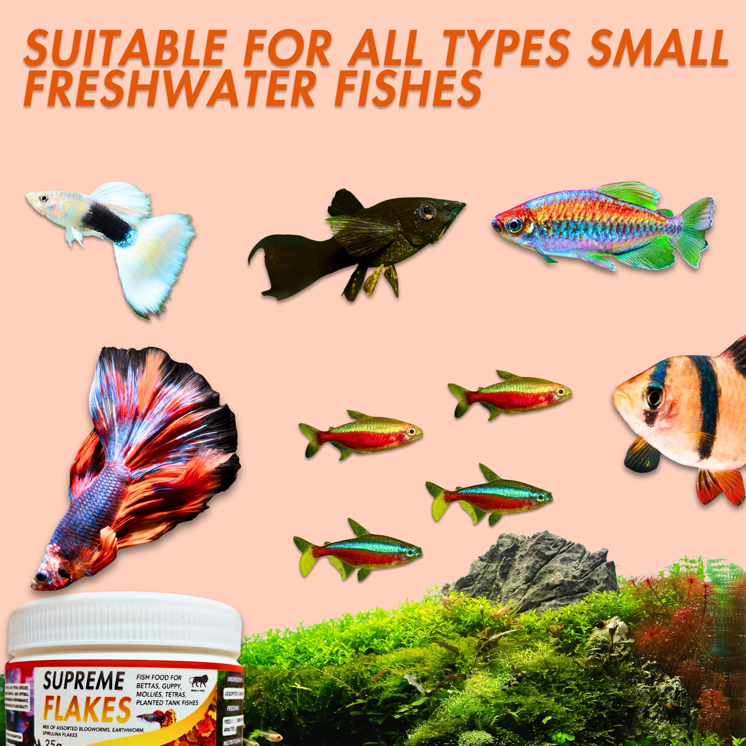 Jothi Aquatics Supreme Flakes 25g Fish Food | 60% Max Protein | Bloodworm, Spirulina & Earthworm Mix | High Growth & Color | for Bettas, Guppy, Tetra & All Small Aquarium Tropical Fishes 4