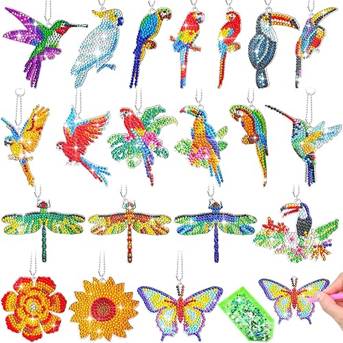 Karenhi 20 llaveros de pintura de diamantes, mariposa, colibrí, loro, diamantes, kits de pintura de diamante 5D, llaveros de diamante de doble cara