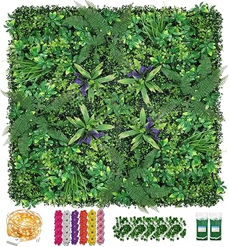 Artificial Boxwood Panel 8 Pieces 20"x20", Green Grass Wall Backdrop Wall for Fence Patio Backrop Balcony, Faux Ivy Privacy Fence Screen, 5 PCS Vines, 60 PCS Violet Flower, 2 PCS Light Strip