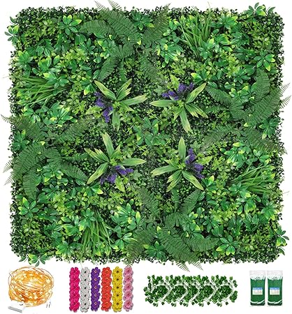 Artificial Boxwood Panel 8 Pieces 20"x20", Green Grass Wall Backdrop Wall for Fence Patio Backrop Balcony, Faux Ivy Privacy Fence Screen, 5 PCS Vines, 60 PCS Violet Flower, 2 PCS Light Strip