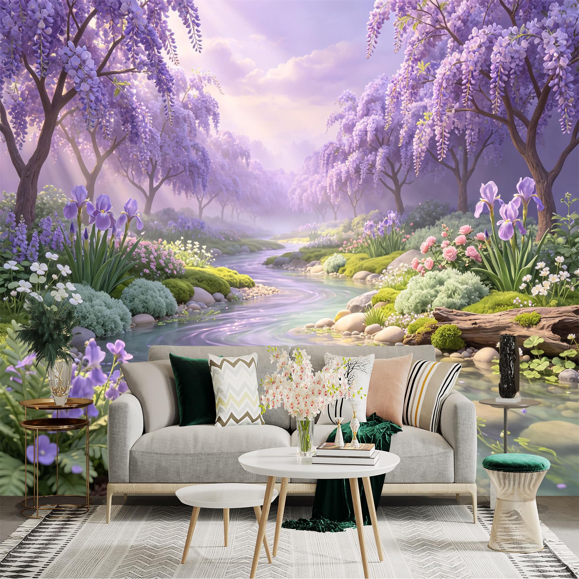 Lnzczhyre Bh260719547 Custom Size Wall Sticker Mural， Dreamy Wisteria River， Enchanting Lavender Floral Forest， Peaceful Brook Landscape， For Wall Decoration， Peelandstick Wall Decals.