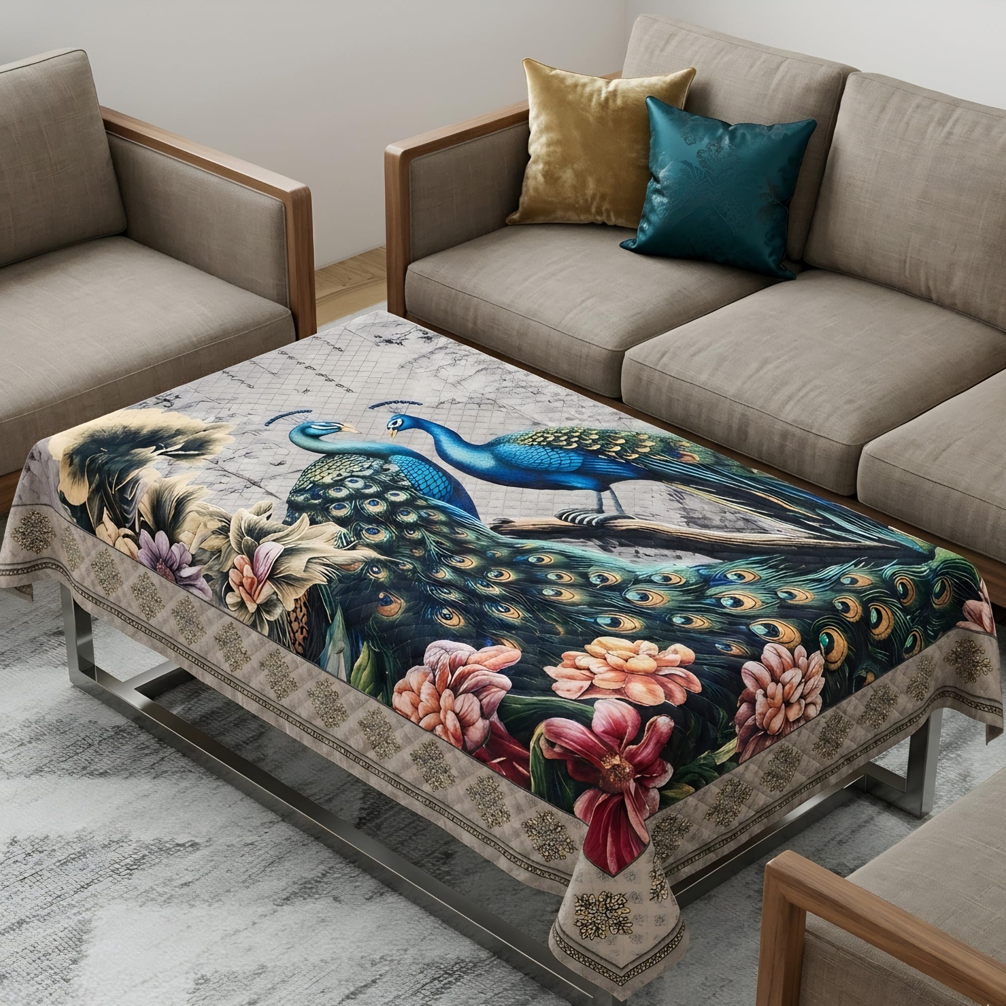 Fab Nation Center Table Cover | Quilted Peacock Design, 60x40 inches, 4/6 Seater Grey Table Cover