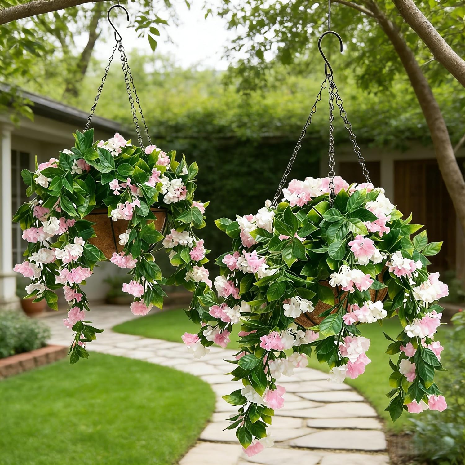 15" Faux Crepe Myrtle Hanging Baskets – Set of 2, UV Resistant Lifelike Artificial Flowers, Rainproof and Fade-Resistant Preserved - Never Wither or Fall (White-2pcs)