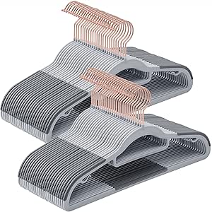 SONGMICS Pack of 50 Coat Hangers, Heavy-Duty Plastic Hangers with Non-Slip Design, Space-Saving Clothes Hangers, 16.5 Inches Wide, 360 Swivel Hook, Gray and Rose Gold UCRP020G05