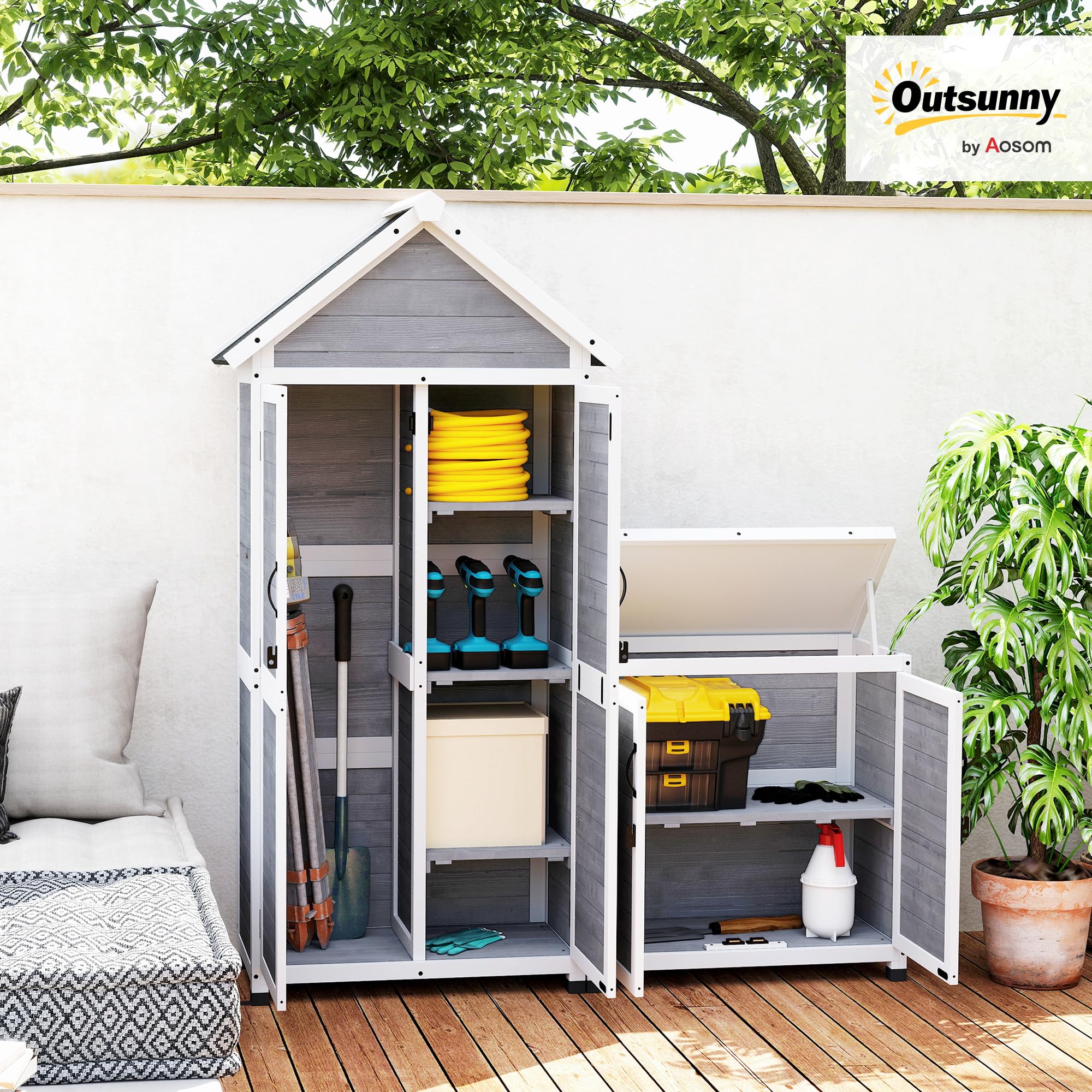 Outsunny 2 in 1 Gartenschrank Holz mit Satteldach 89x51x182cm Hellgrau | Geräteschrank, Geräteschuppen mit Aufbewahrungsschrank Ablage, Abschließbar Tür, Wetterfest Gerätehaus Für Terrasse, Garten