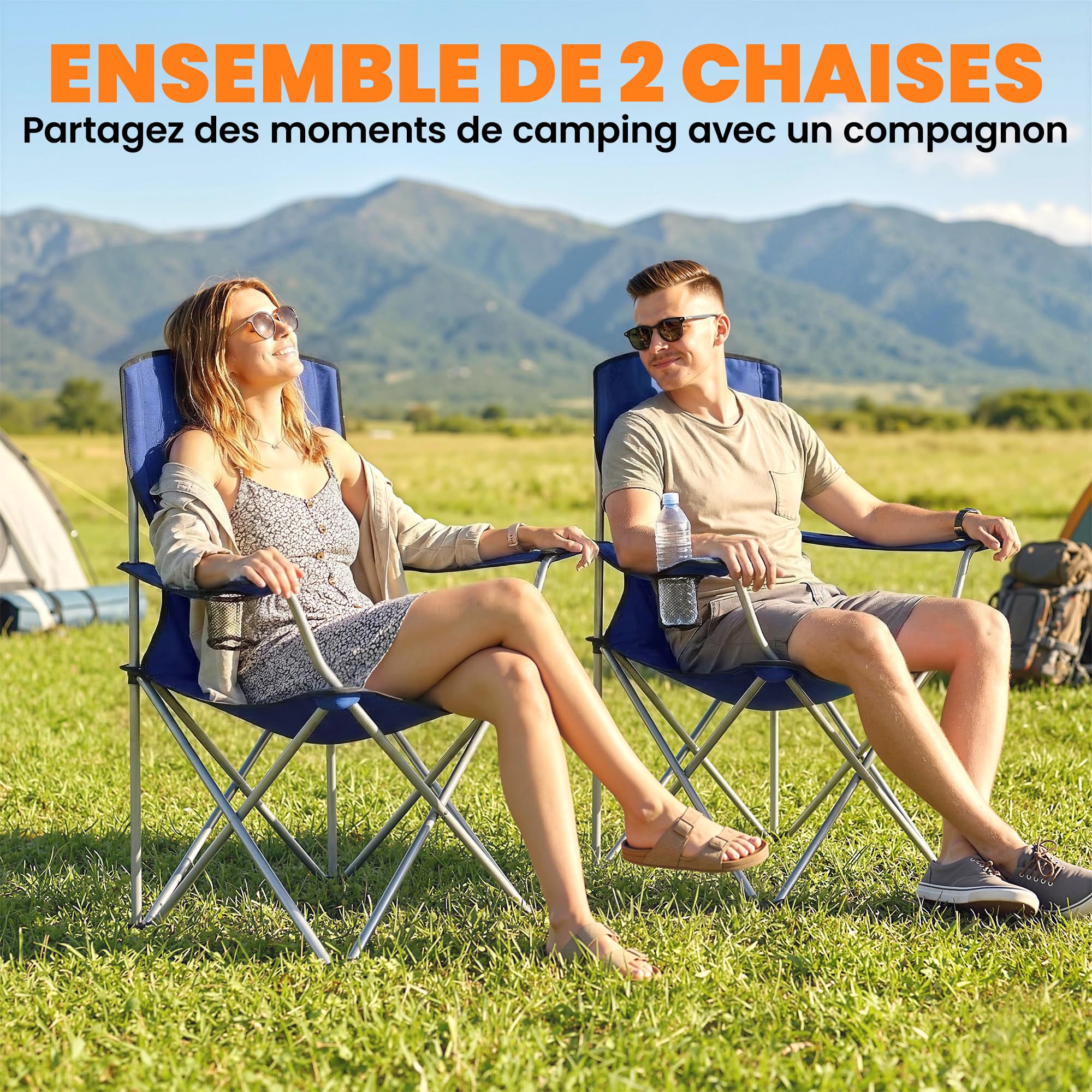 Outsunny Lot de 2 Chaises de Camping Pliantes, avec Porte-Gobelet, Sac de Transport, Accoudoirs et Dossier Haut, Chaise Pliante Camping pour Jardin Pêche, Charge 120 kg, Bleu Foncé