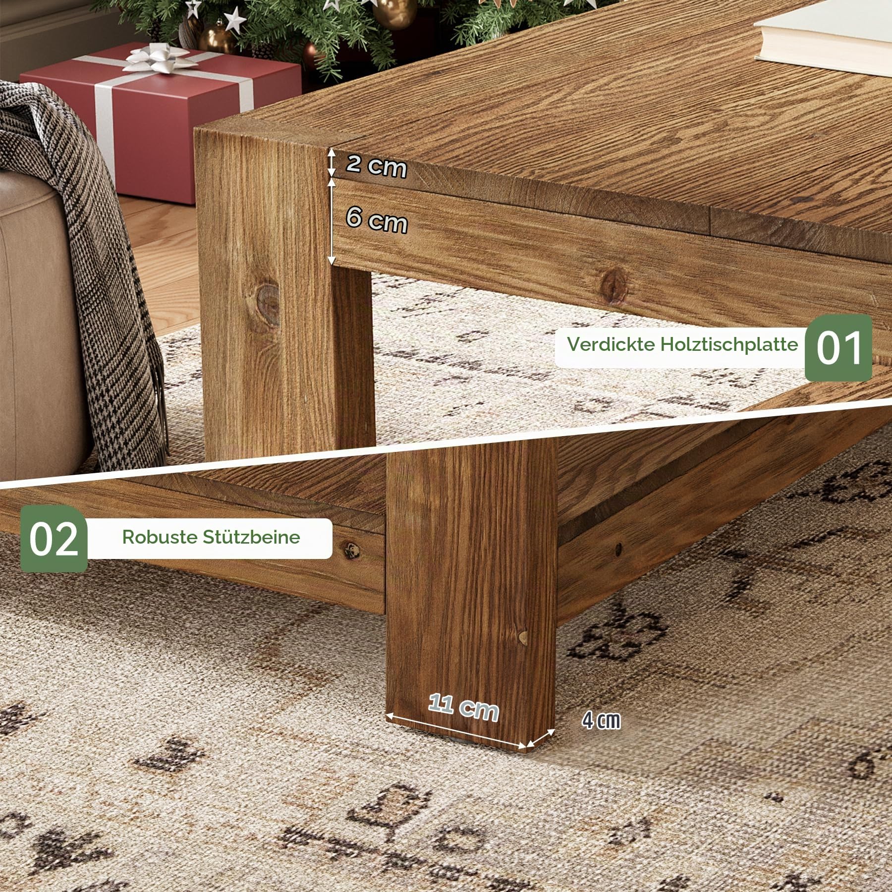 Massivholz Couchtisch Quadratisch 80 x 80 cm, Landhausstil Wohnzimmertisch mit Stauraum Braun, 2-stöckiger Sofatisch aus Holz im Landhausstil, Kaffeetisch für Wohnzimmer, Büro, kleine Räume