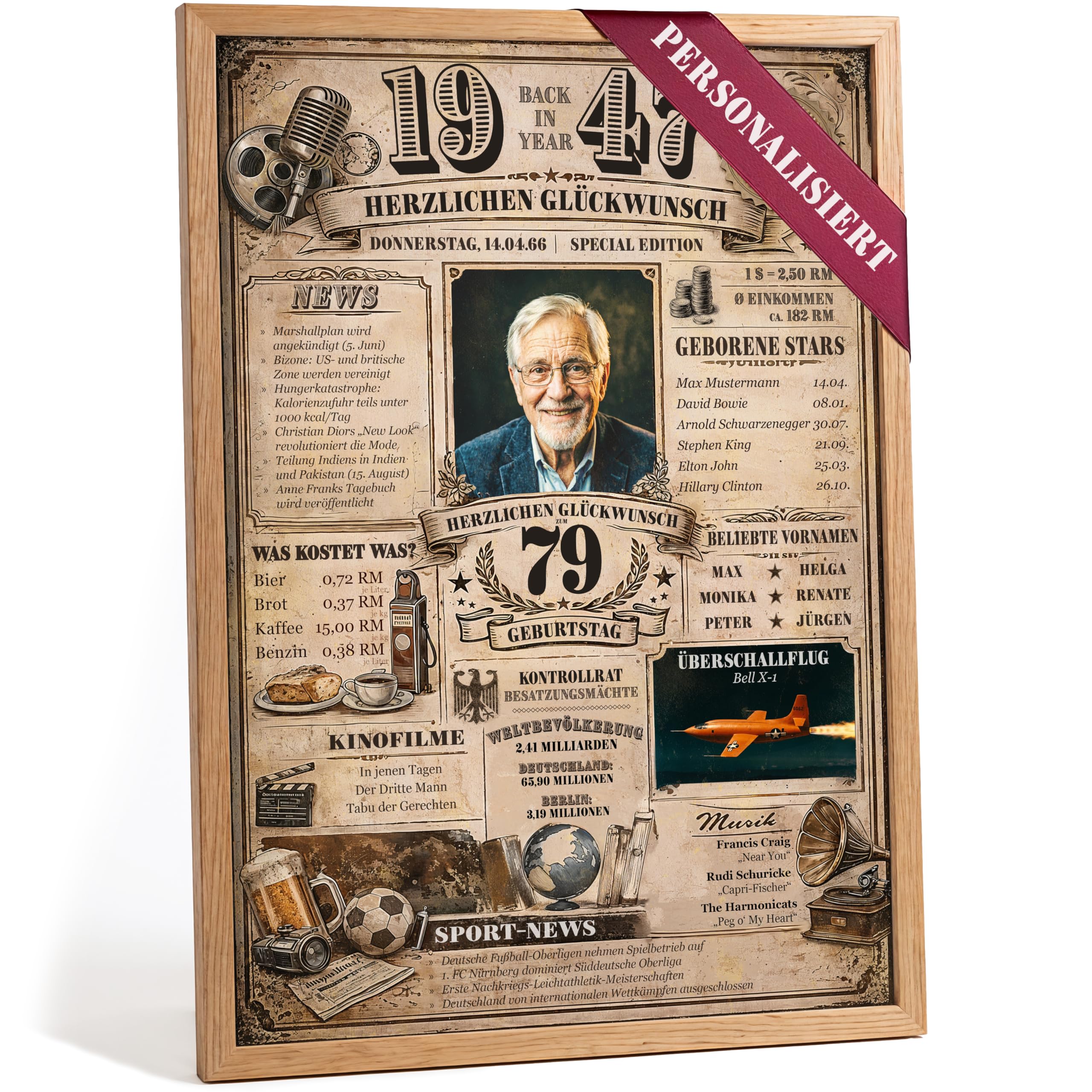 Papierschmiede Back In Year 1947 Poster personalisiert mit Foto und Namen, Geschenk zum 79. Geburtstag Mann Frau, Jahrgang 1947 Geburtstagsgeschenk Deko Vintage