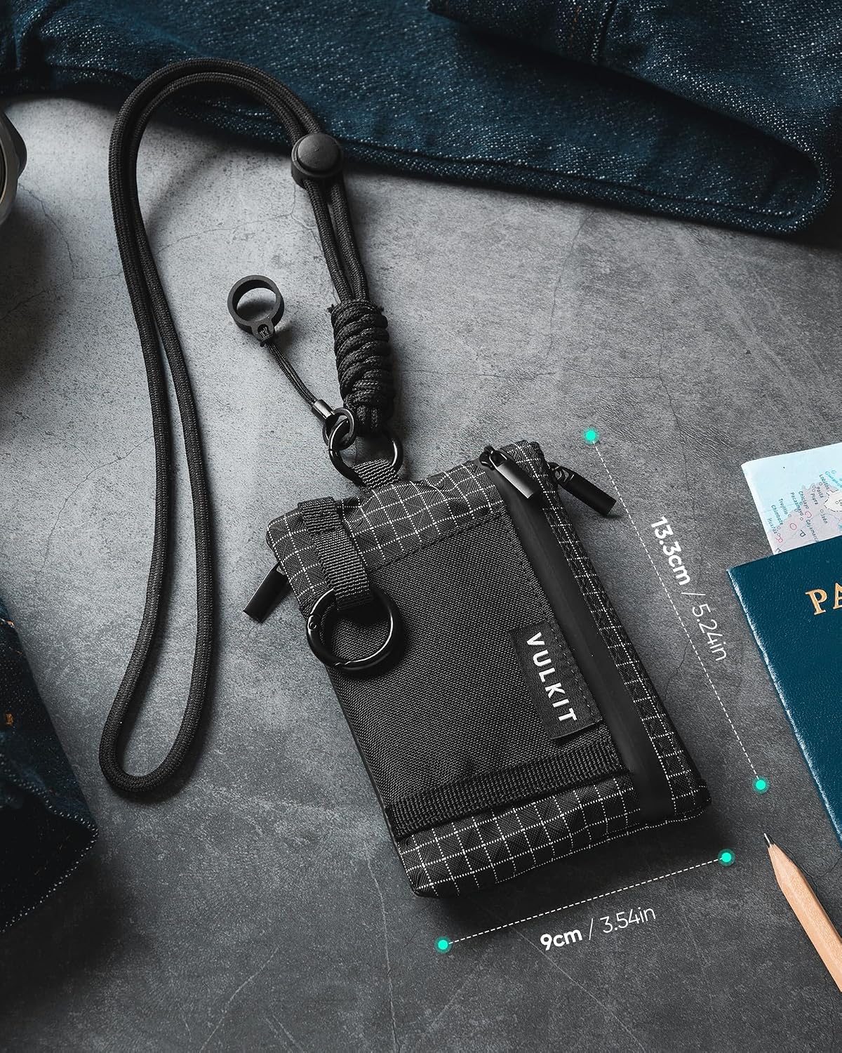 VULKIT RFID Blocking Lanyard Wallet for Men and Women, Zipper Pouch with Keychain, Nylon Neck Wallet with Key Ring for Hiking, Fishing and Outdoor Activities, Black Grid
