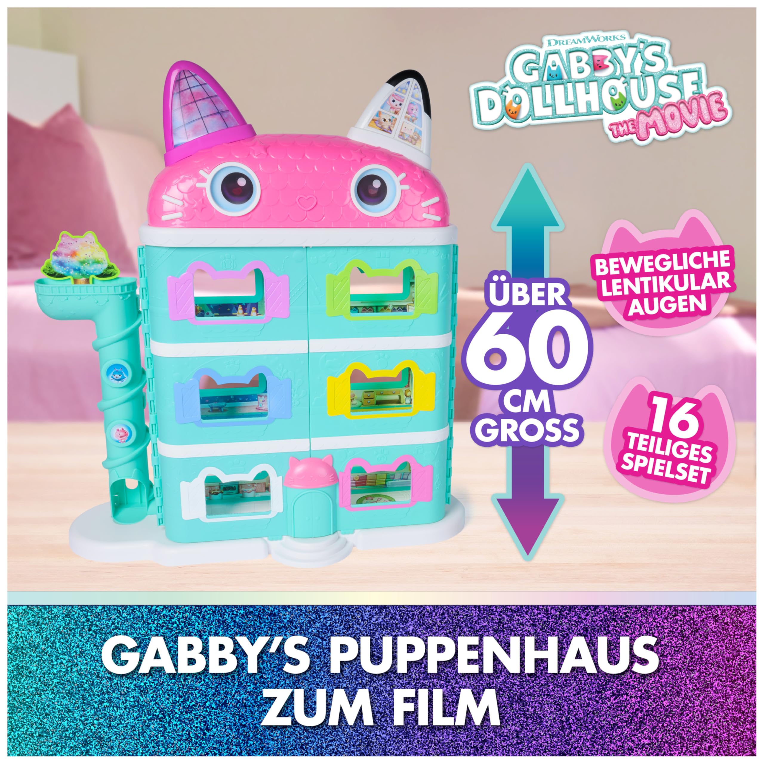 DREAMWORKS GABBY'S DOLLHOUSE: DER FILM - Puppenhaus zum Kinofilm, über 60 cm groß, mit Gabby-Figur & Dollhouse Zubehör, für Kinder ab 3 Jahren, 1:12