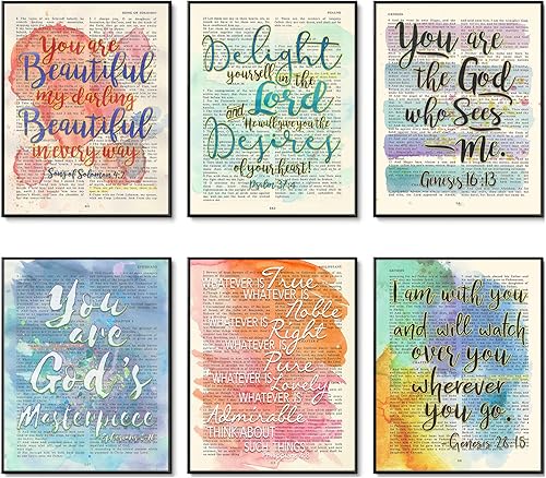 Set of 6 -Watercolor Christian Bible Verse Page Art Prints, Unframed, Song of Solomon 4:7, Psalm 37:4, Genesis 16:13, Ephesians 2:10, Philippians