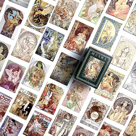 Amazon Tnyker コラージュ 素材 ペーパー 紙素材 ミニカード マッチ箱入り ジャンクジャーナル アンティーク スケジュール 手帳 ノート 手紙 カレンダー 100枚入り ミュシャ シール ステッカー 文房具 オフィス用品