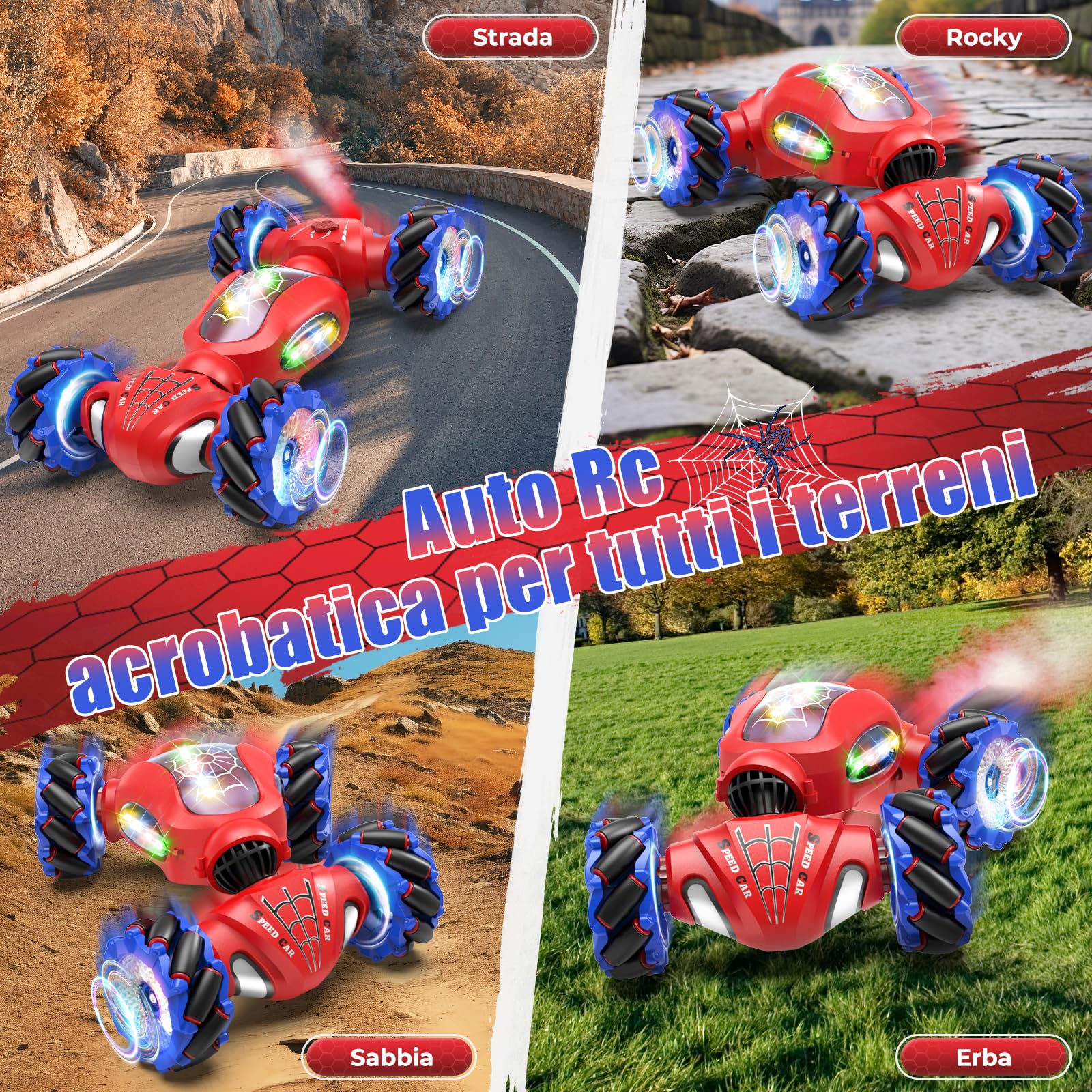 Fosgoit Macchina Telecomandata per Bambini, Regalo per 6-12 anni Bambine Bambino Giochi Giocattolo Spider 6 7 8 9 10 11 12 Anni, 4WD 2.4 GHz Spider Auto Telecomandata con Mano e Luce e Spray