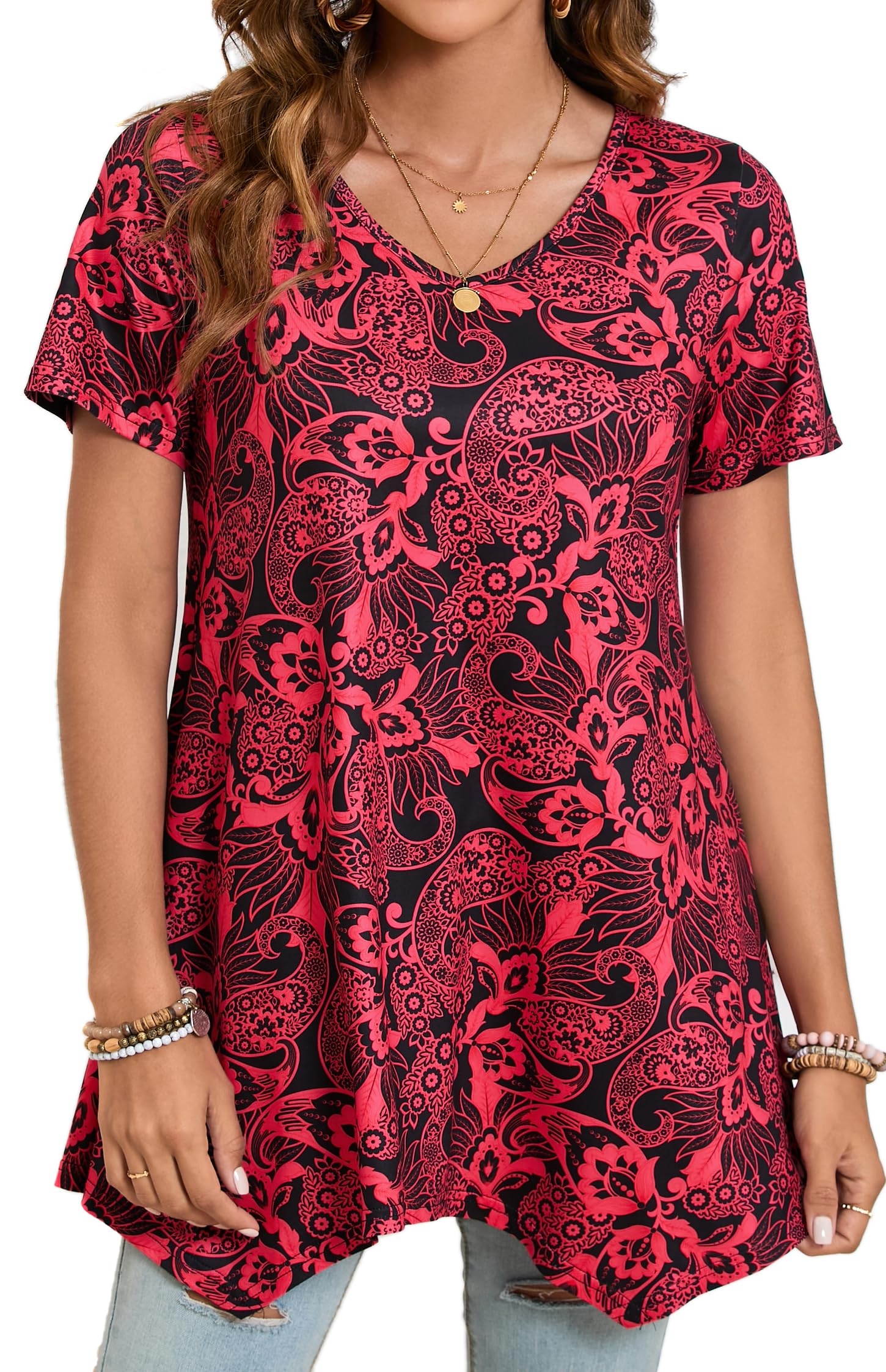Enmain Tunique Femme Longue Été Grande Taille Blouses Col en V à Manche Courte Chemisier Chic et élégant Tuniques Ample à Floraux Motifs Hauts Femmes Couleur Unie S-3XL