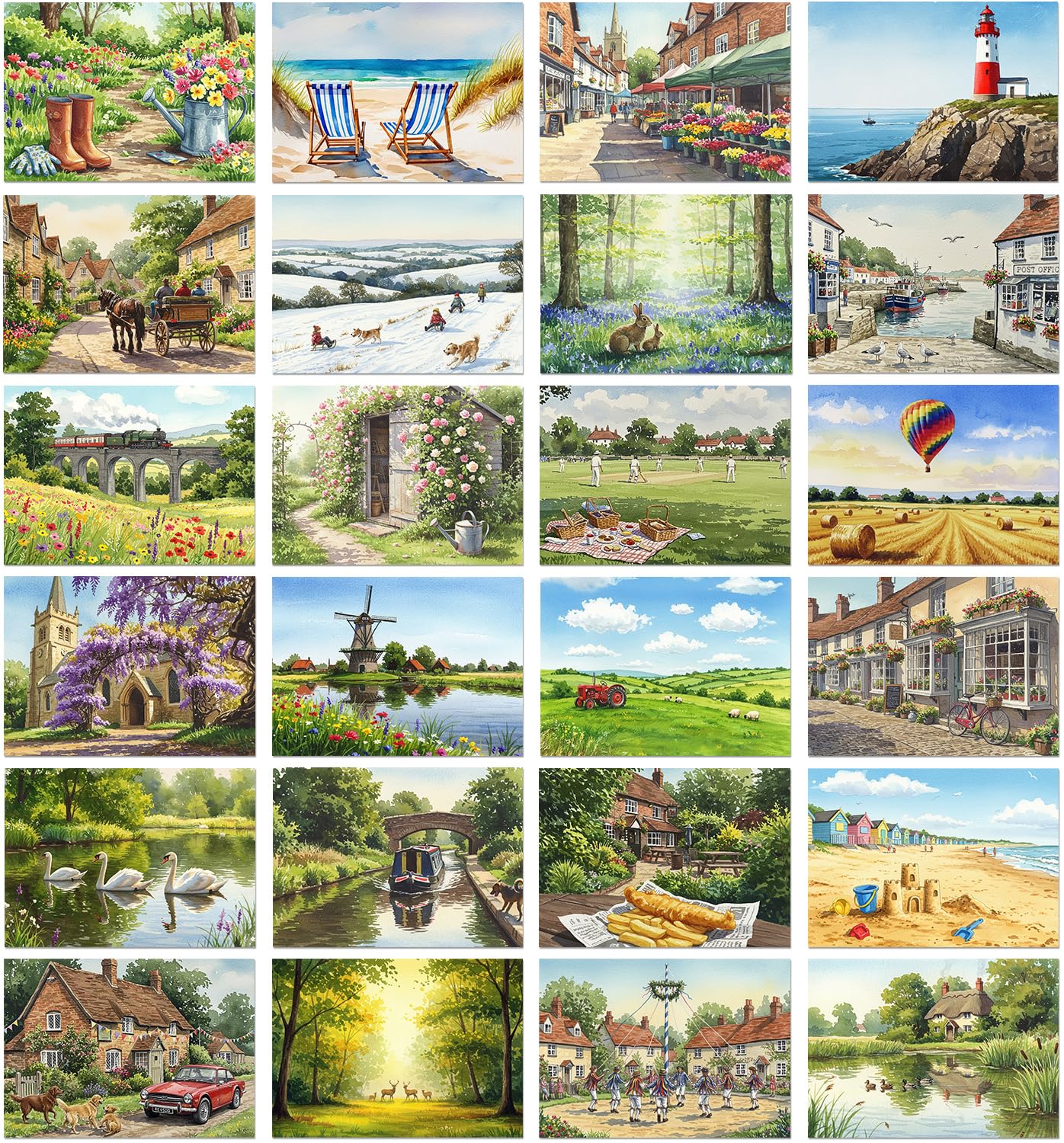 24 x British Scenic Watercolour Landscapes Greeting Cards - A great value Multipack, Eco Friendly and Designed and Printed in the UK
