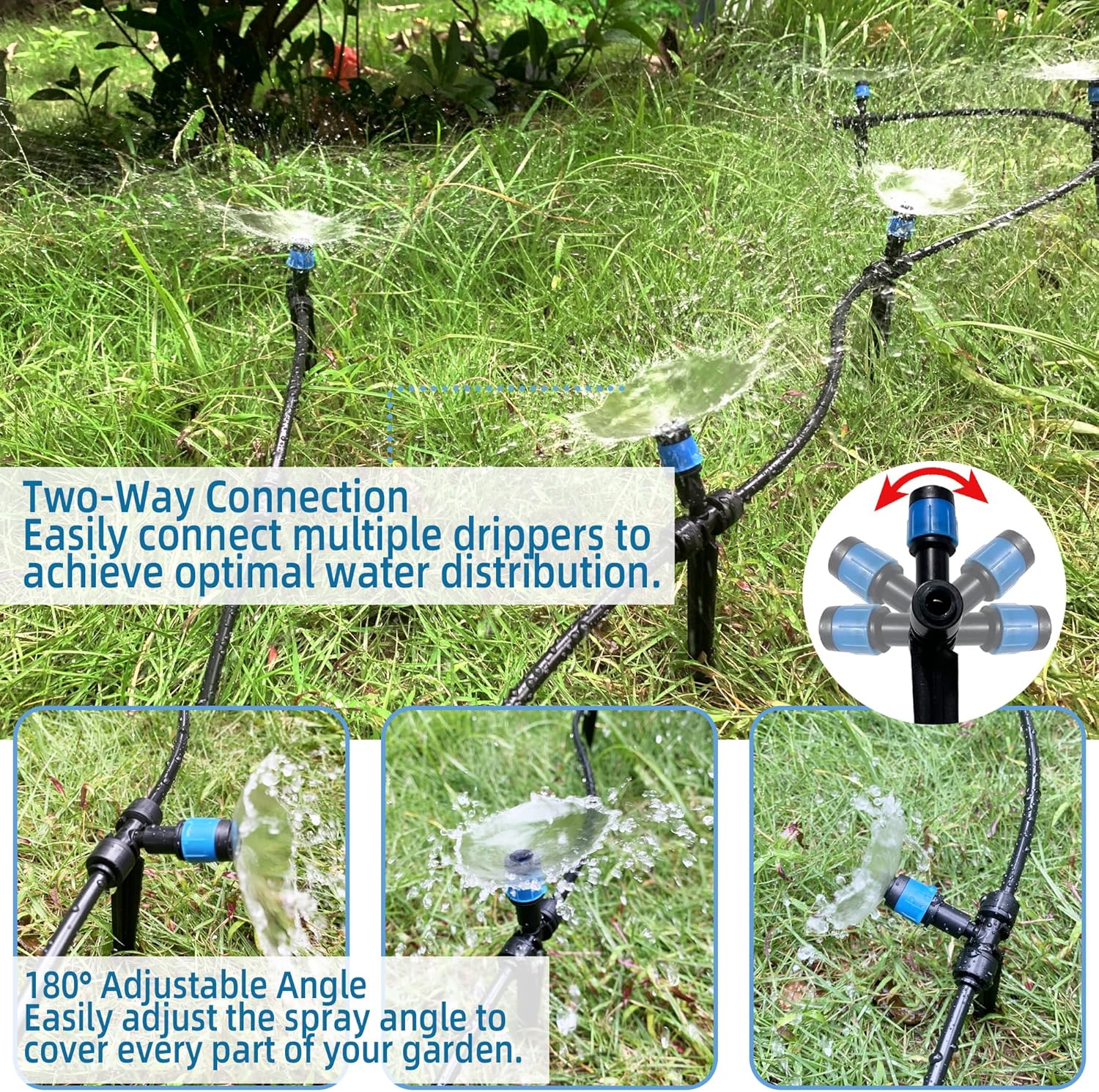 40PCS Push-to-Connect Drip Irrigation Emitters for 1/4 inch Irrigation Tubing, Two-Way Connection Adjustable Vortex Drip Emitters with Stake, Irrigation Dripper Sprinklers for Drip Irrigation System