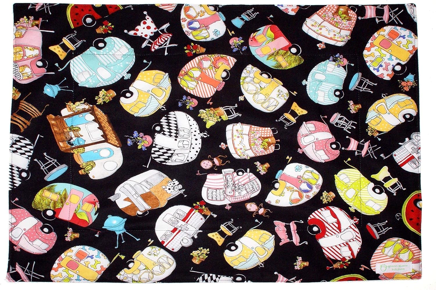 Glamper Campers on Black Coffee Station Mat - Dish Drying Mat - Pet Placemat - Appliance Mat - RV Camping Mat - 16 x 20 Inches - Handmade by Green Acorn Kitchen