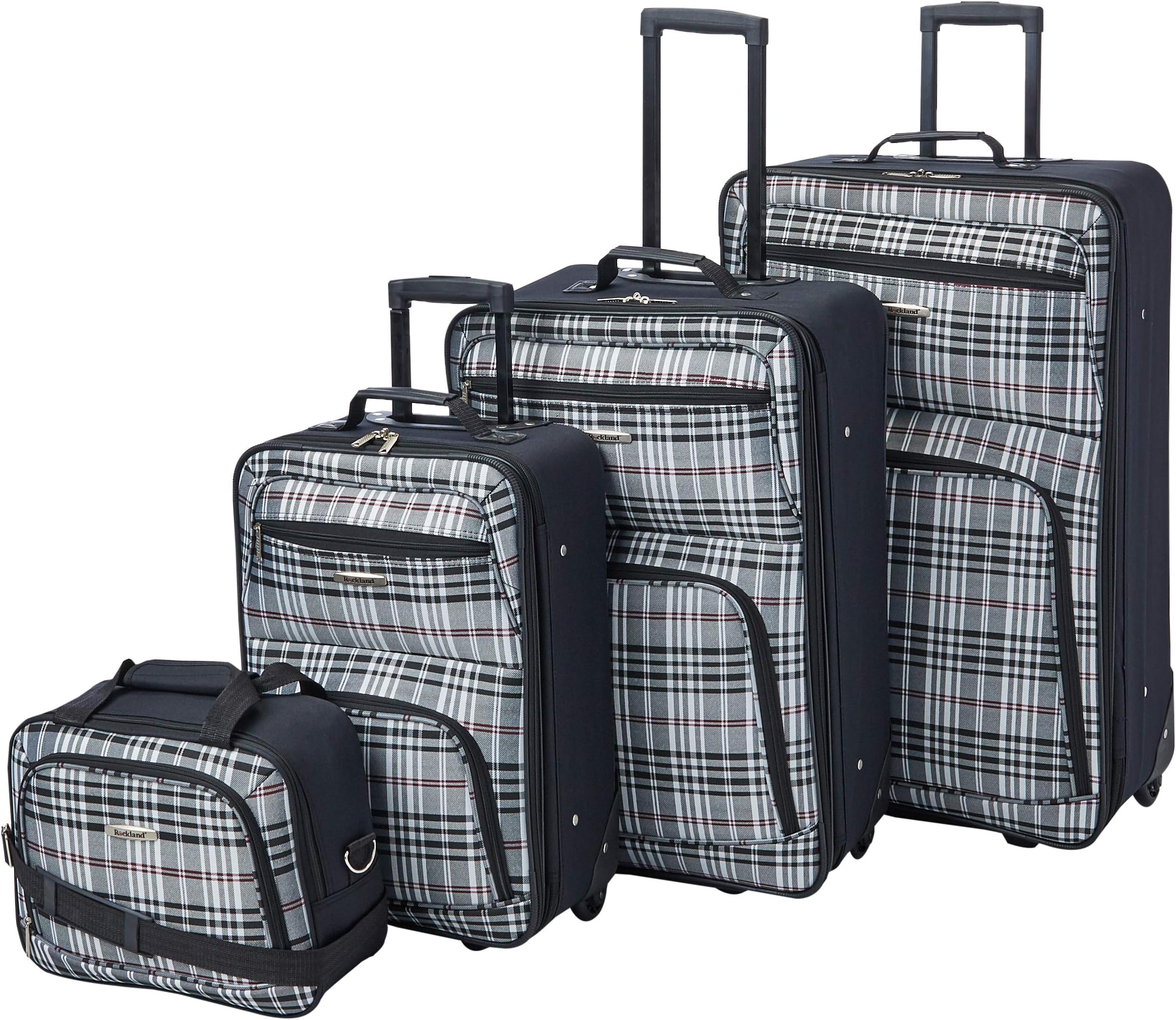 Rockland Fashion Softside Upright Luggage Set, Telescoping Handles, Black Plaid, 4-Piece (14/19/24/28)