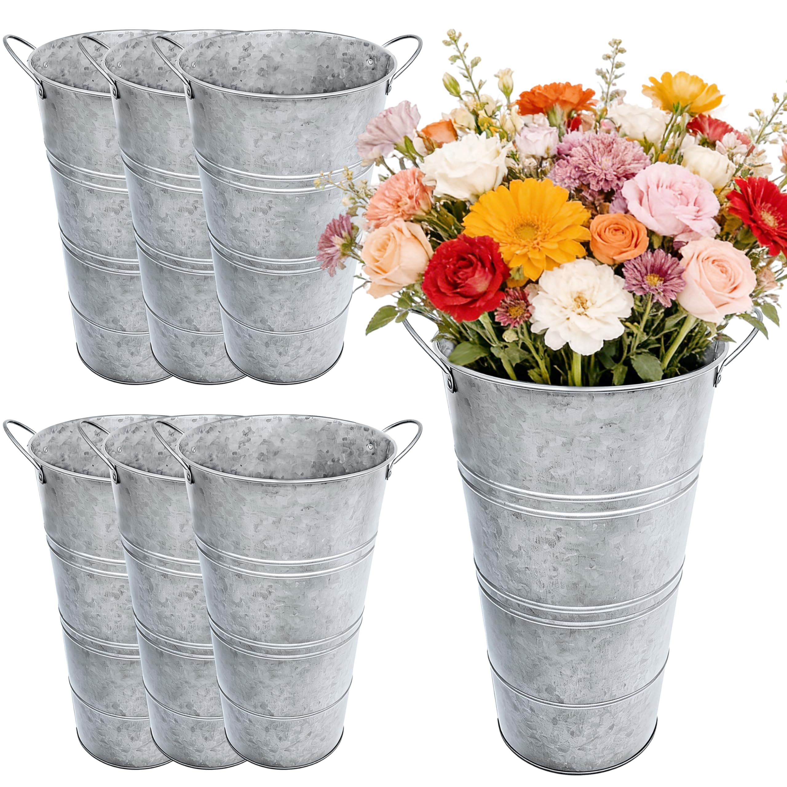 Photo 1 of 12 Inch Galvanized Metal Flower Buckets, Set of 6 - Rustic Tin Vases with Handles for Farmhouse & Wedding Decor, Tall Planters for Cut Flowers, Table Centerpiece & Home Organization