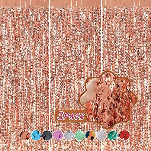 Miniatura 2 de Cortina ondulada con flecos de oro rosa, 3.3 pies x 6.6 pies, paquete de 3  Decoraciones de fiesta de oro rosa, serpentinas de oropel de oro rosa