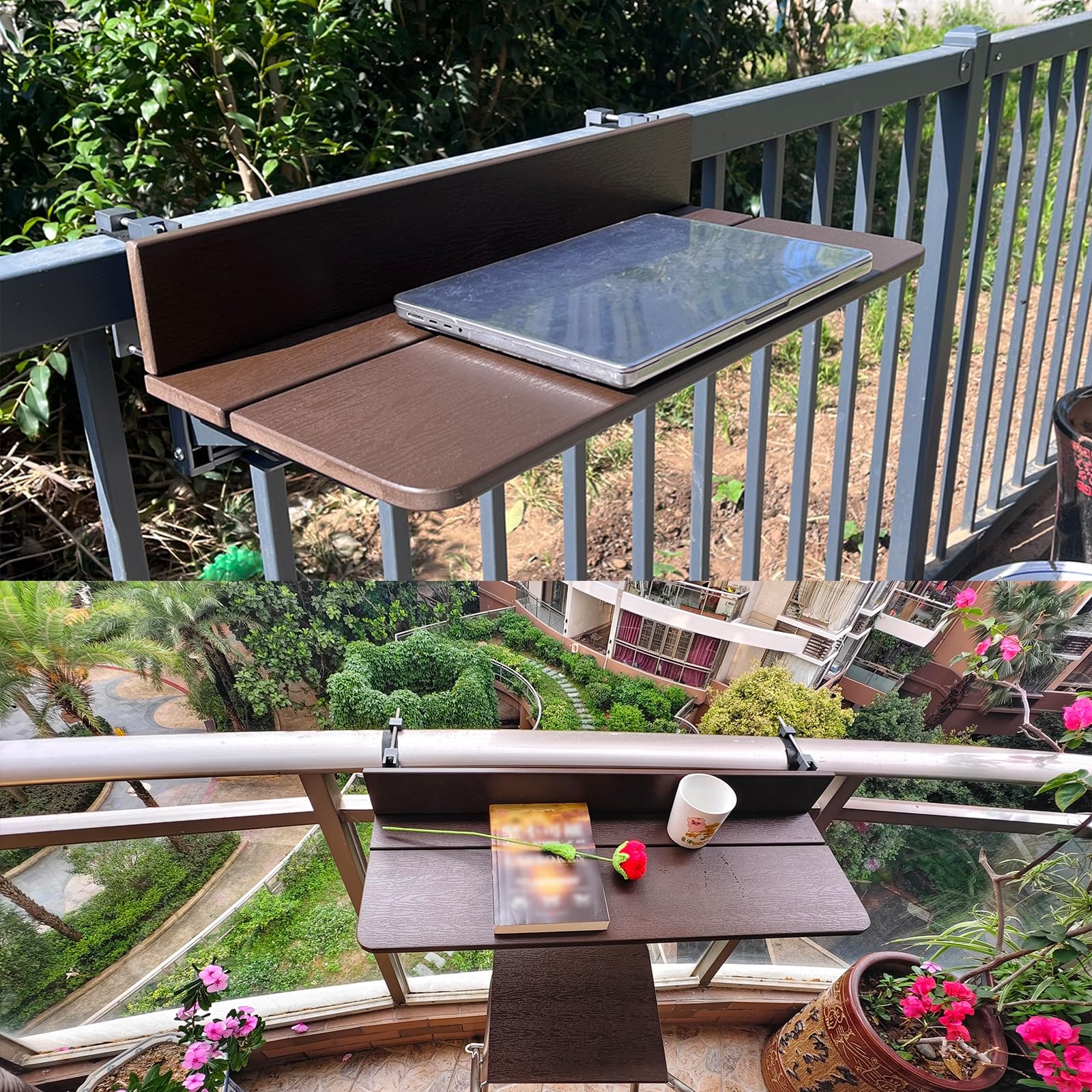 Generisch Wetterfester, klappbarer Balkontisch aus Aluminium, platzsparender Beistelltisch in Braun, 120 x 37 cm (47,2 x 10,6 Zoll), ideal für Terrasse, Garten und Balkon.