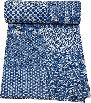 Marubhumi Quilts بطانيات هندية تقليدية مصنوعة يدويًا ، قابلة للعكس ، بطانية رمية قطنية نقية Kantha Quilt ، المعزي ، البحرية - Queen 90 x 108 Inches