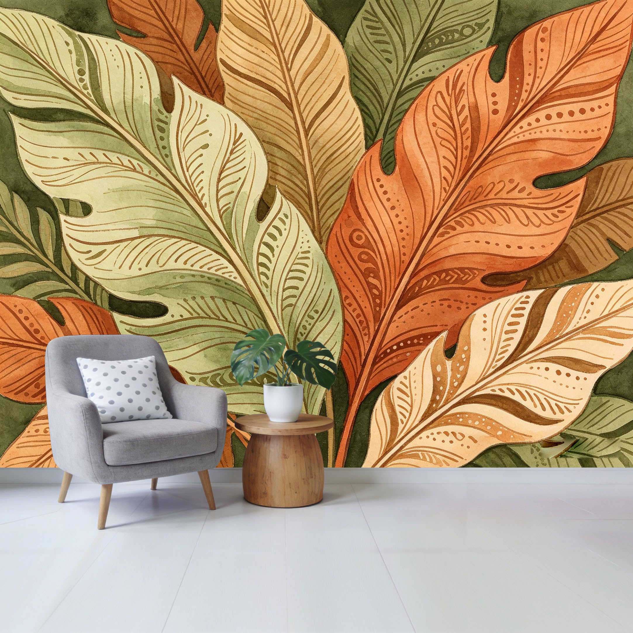 Custom Size Wall Mural Watercolor Botanical Leaves Earth Tone Patterns Modern Tropical Art SelfAdhesive Wall Fabric Removable Wallpaper for Home Office Decor