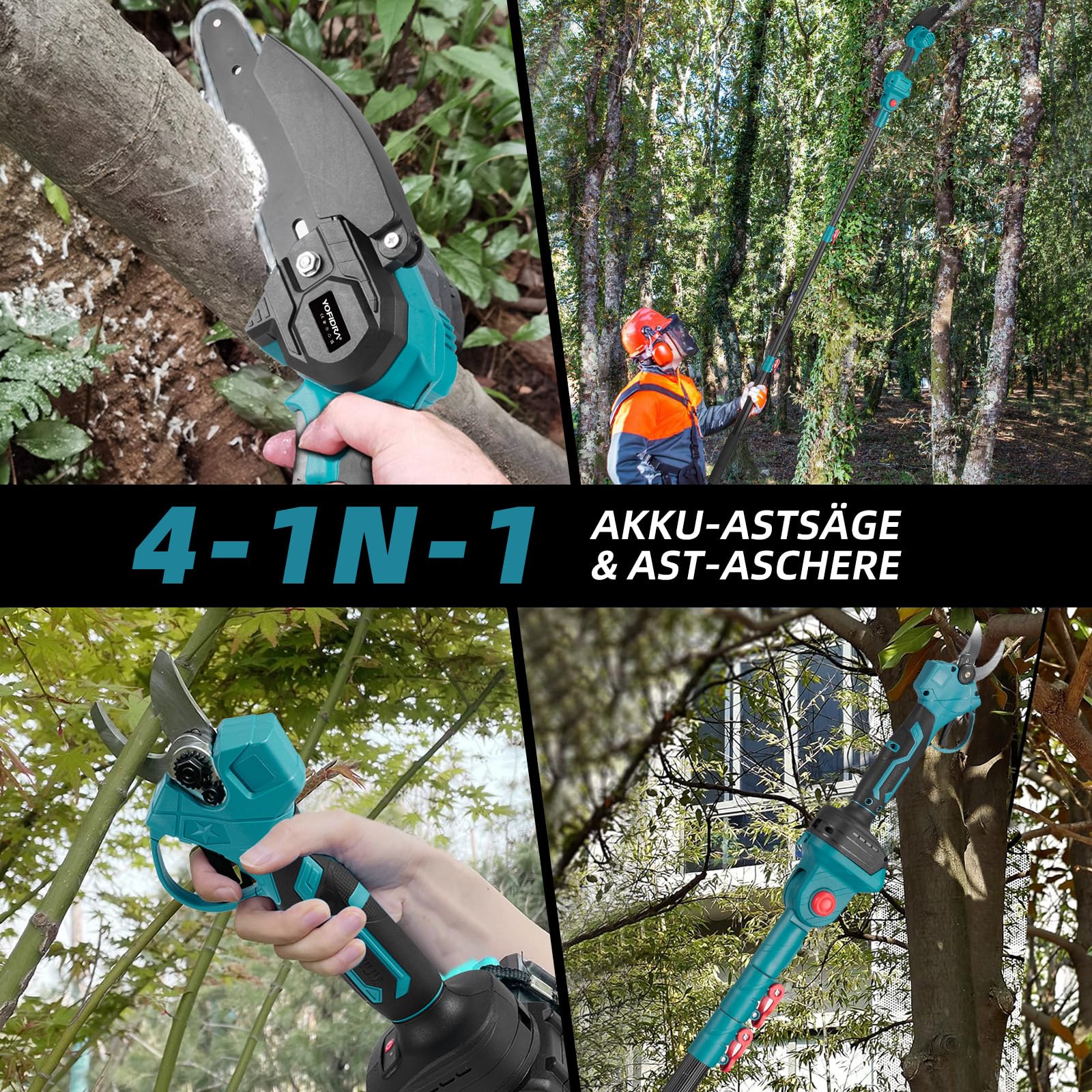 Yofidra 4-IN-1 Mini Kettensäge 6 Zoll mit Teleskopstange & Bürstenlos 25mm Astschere, 180° Einstellbarer Winkel, Akku Hochentaster mit 2 x 3.0Ah Akku und ladegerät, Max. Reichweite bis 4,6m, blau