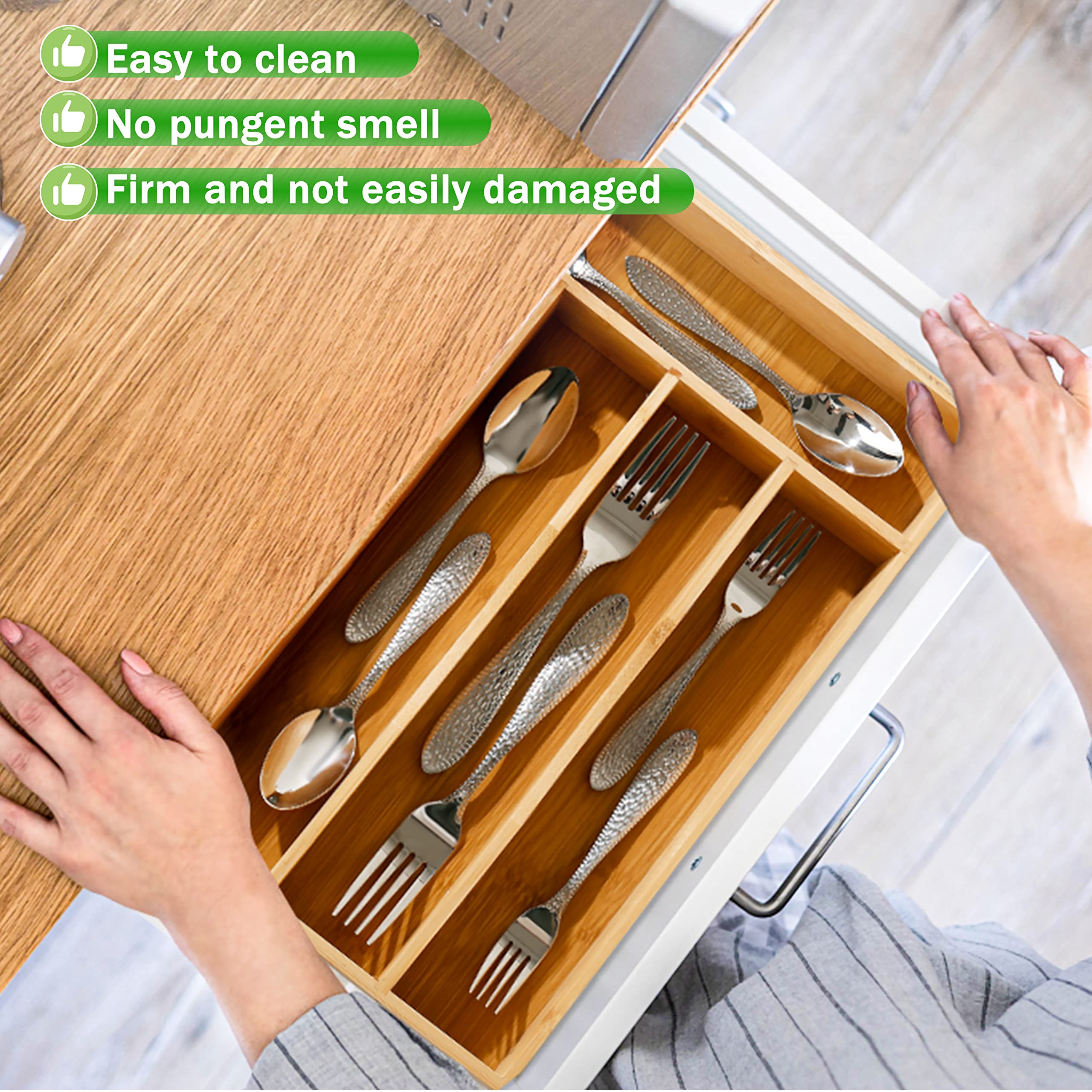 Greenual Organizador de cubiertos de 10 pulgadas, bandeja de cubiertos para cajones, cubiertos, organizador de cubiertos para cocina, madera de bambú