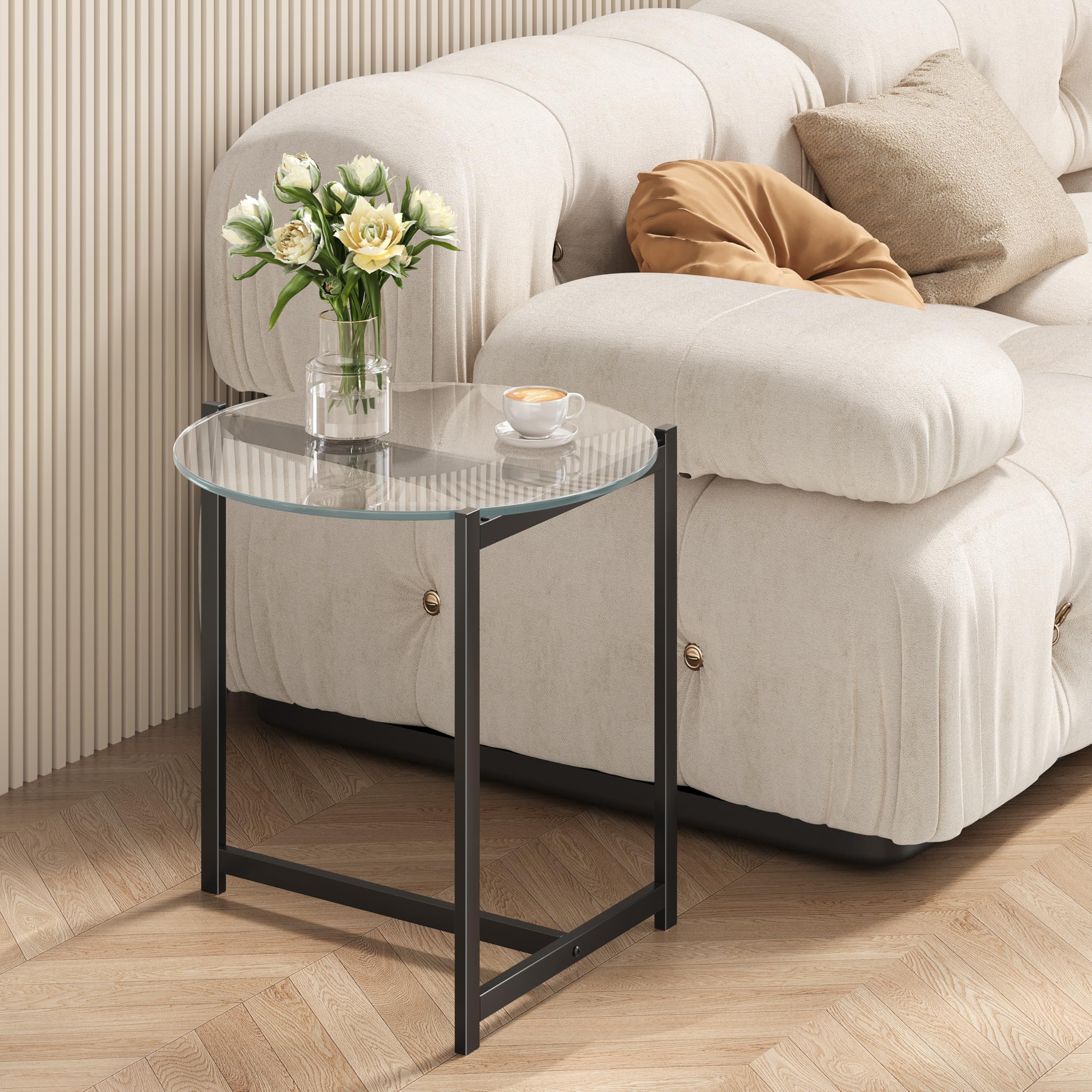 16 Inch Round Glass Coffee Table, Tempered Clear Glass Top with Sturdy Black Metal Frame, Easy Assembly Modern Side Table/End Table for Living Room, Bedroom, Office