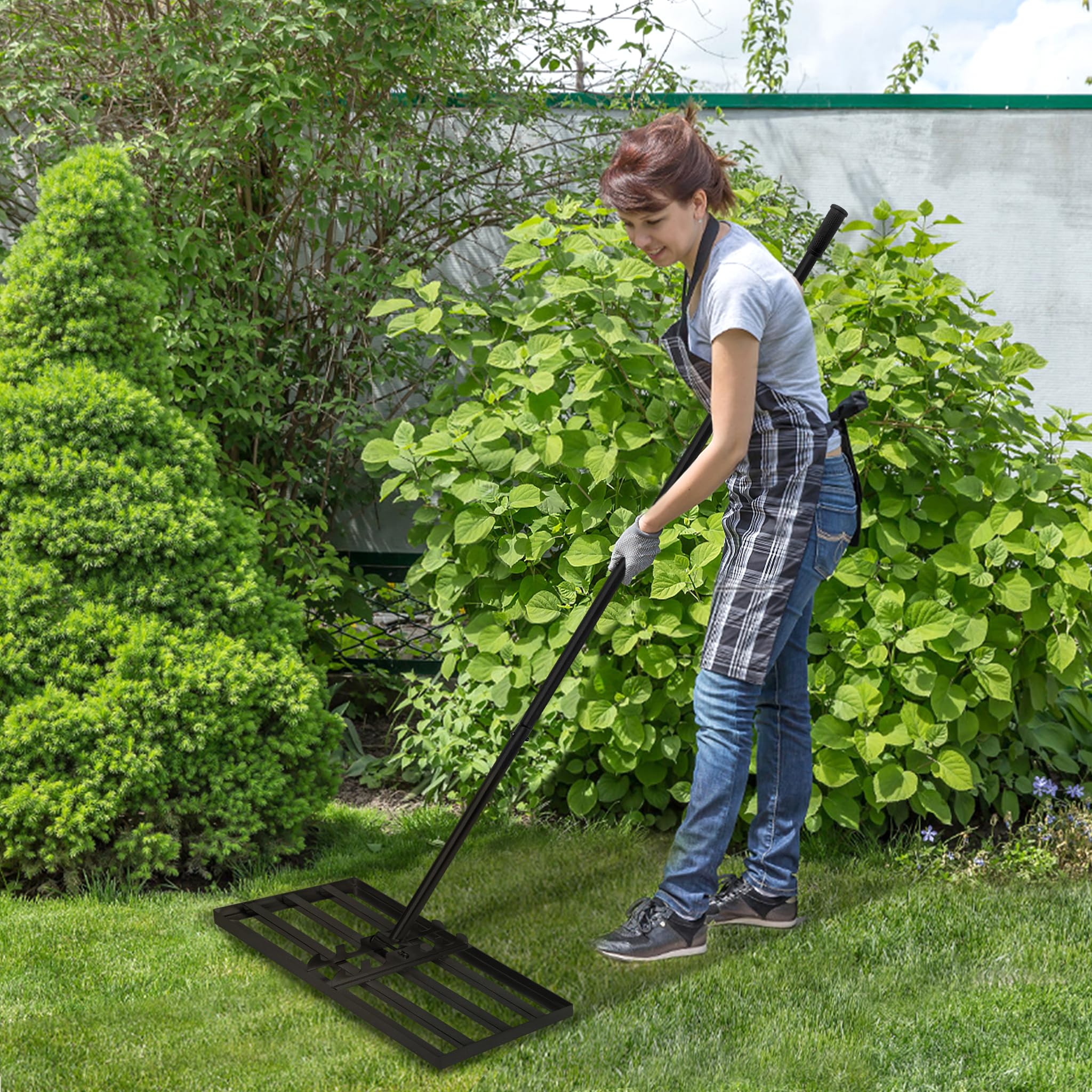 UISEBRT Rasqueta de metal 3 en 1 de 25 x 75 cm, rastrillo de jardín multifunción con mango – Rasqueta para nivelación de césped, arena para jardín, patio, golf, color negro