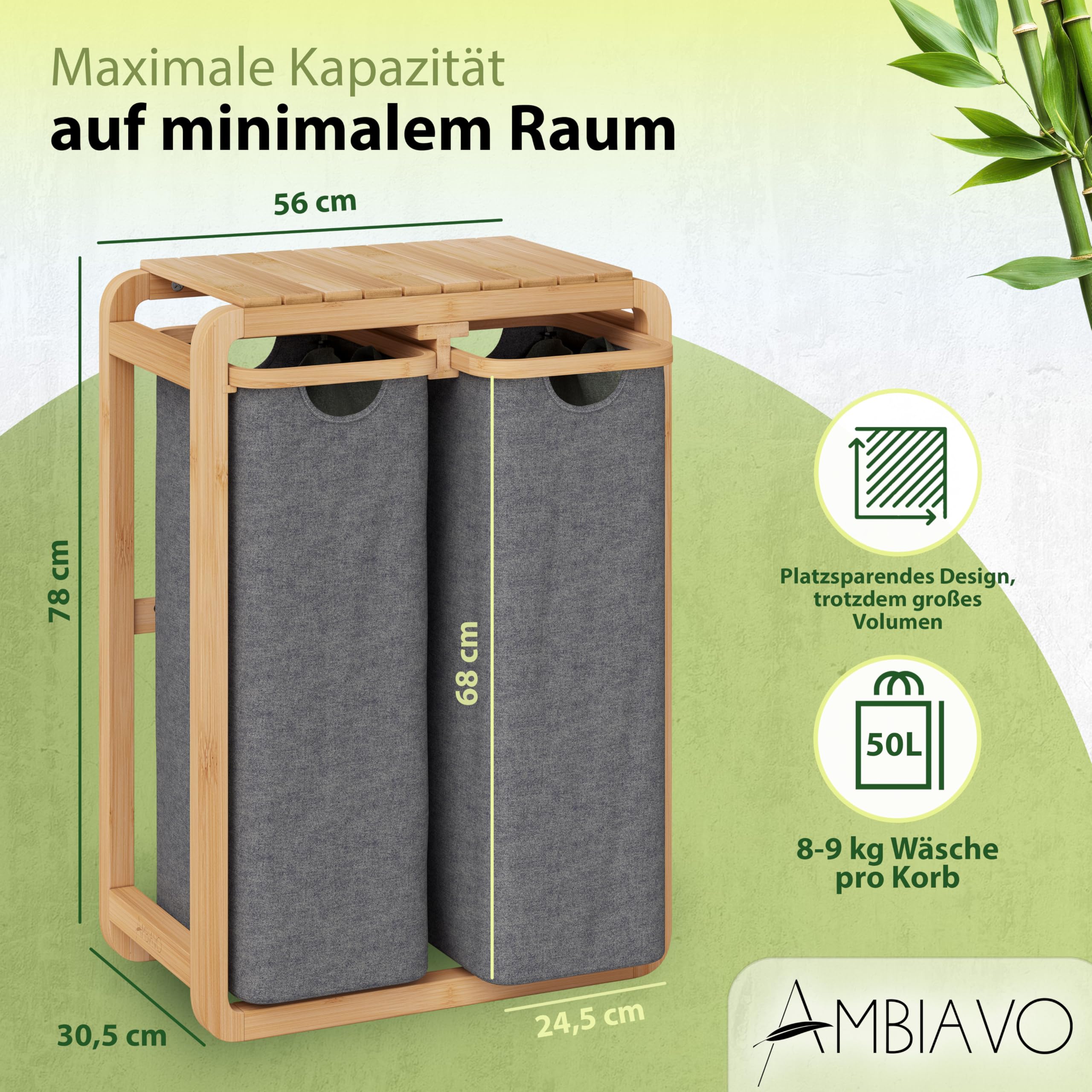Wäschekorb 2 Fächer grau, schmal & 100 L Bambus · Wäschesammler mit Ablage · 50 L pro Fach · herausnehmbare, waschbare Wäschesäcke