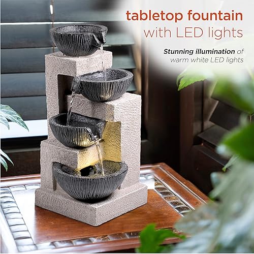 Miniatura 6 de Alpine Corporation Fuente de mesa de cuenco en cascada gris con luces LED