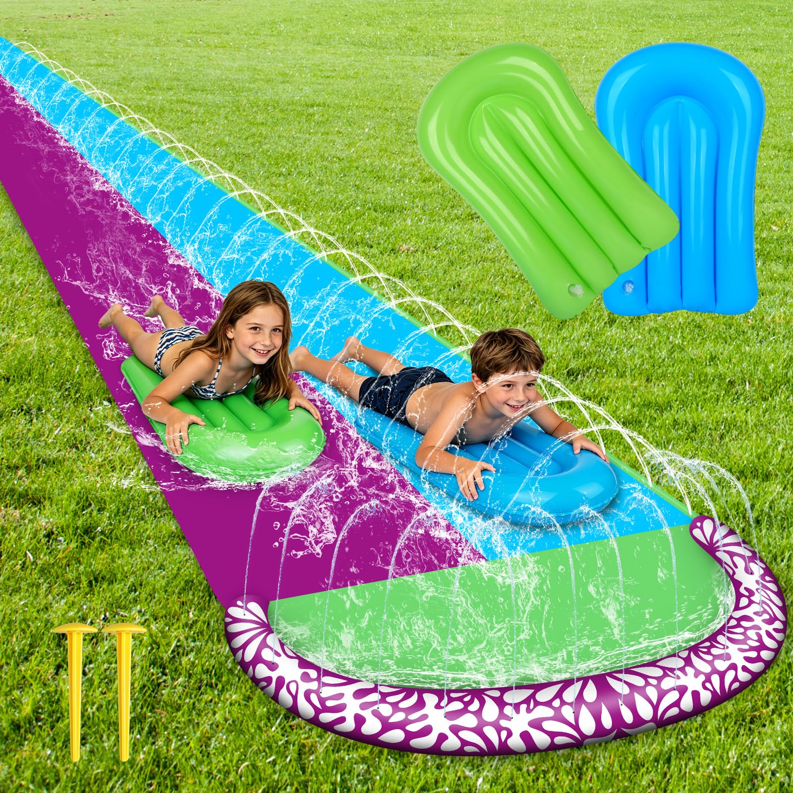 Wasserrutsche Garten 610x240cm mit 2 Bodyboards Doppelrutsche Eingebautem Sprinkler Sommer-Wasserspielzeug