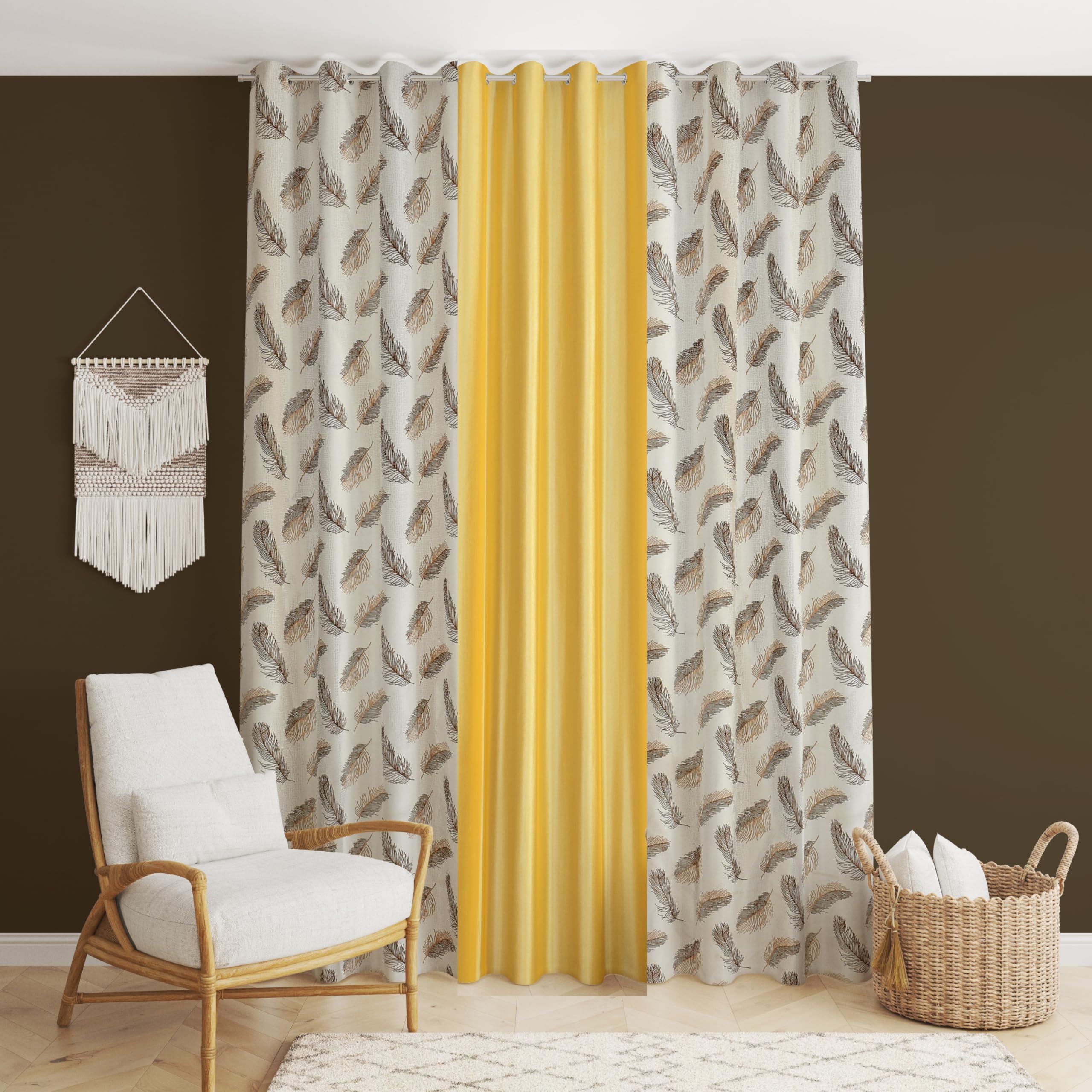 DEVSANG Polyester Curtains Set of 3 (2 Print and 1 Texture) 8ft, Brown and Yellow (B0CYY3SXJP) Amazon Price History, Amazon Price Tracker