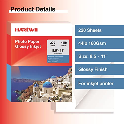 220 Sheets Photo Paper Glossy Inkjet 8.5X11 44Lb 160Gsm A4 Letter Size Suitable For All Dye Ink Printers Hartwii #TOP2