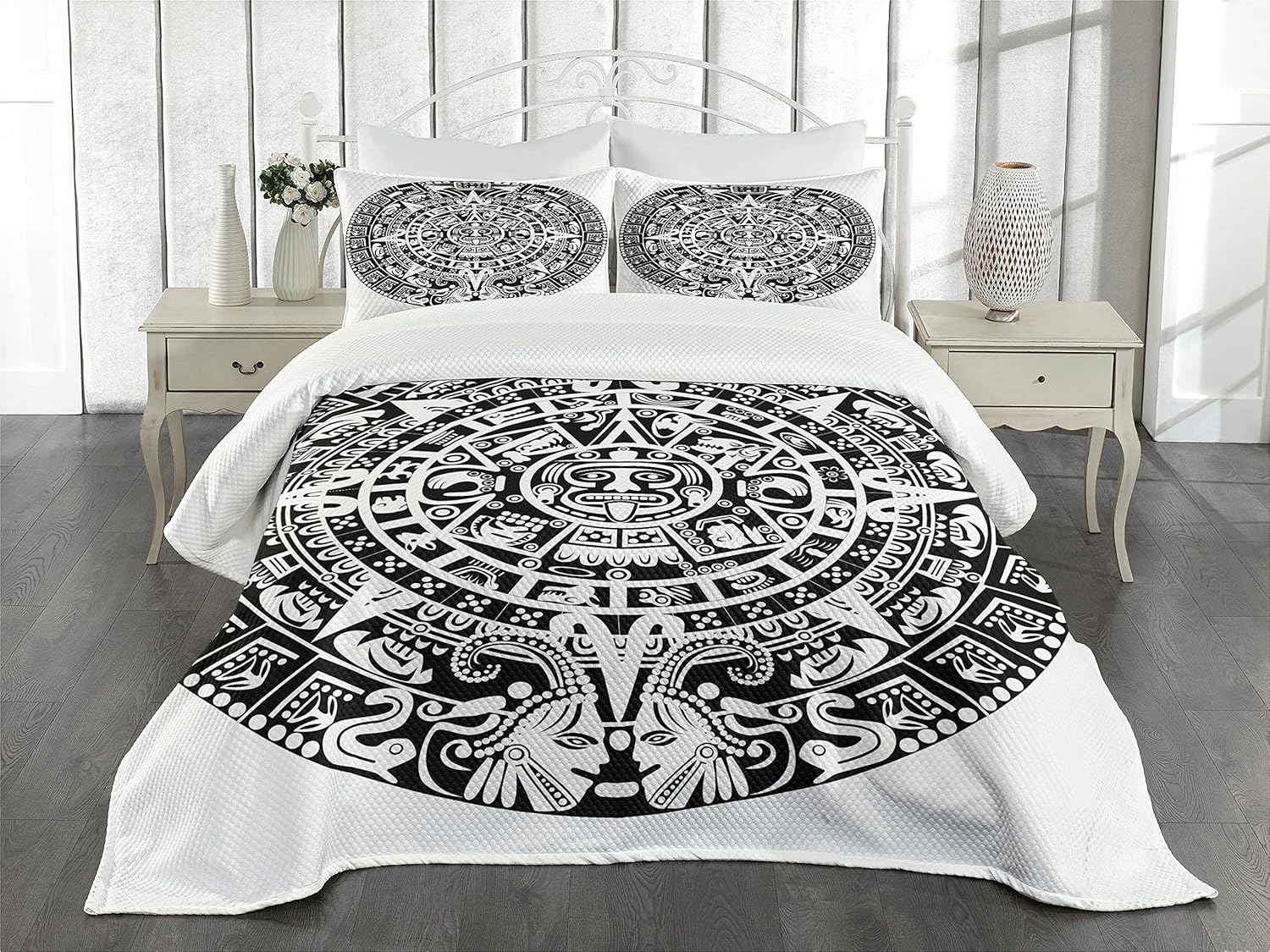 Lunarable Aztec Bedspread, Mayan Calendar End of The World Prophecy Mystery Cool Culture Design Print, Decorative Quilted 3 Piece Coverlet Set with 2 Pillow Shams, King Size, White Charcoal King Size White Charcoal